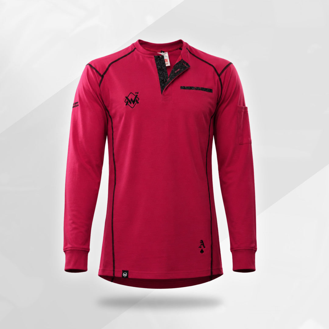 The Welding Magician fuchsia FR long-sleeve shirt with black stitching, Henley collar, chest logo and sleeve pocket.