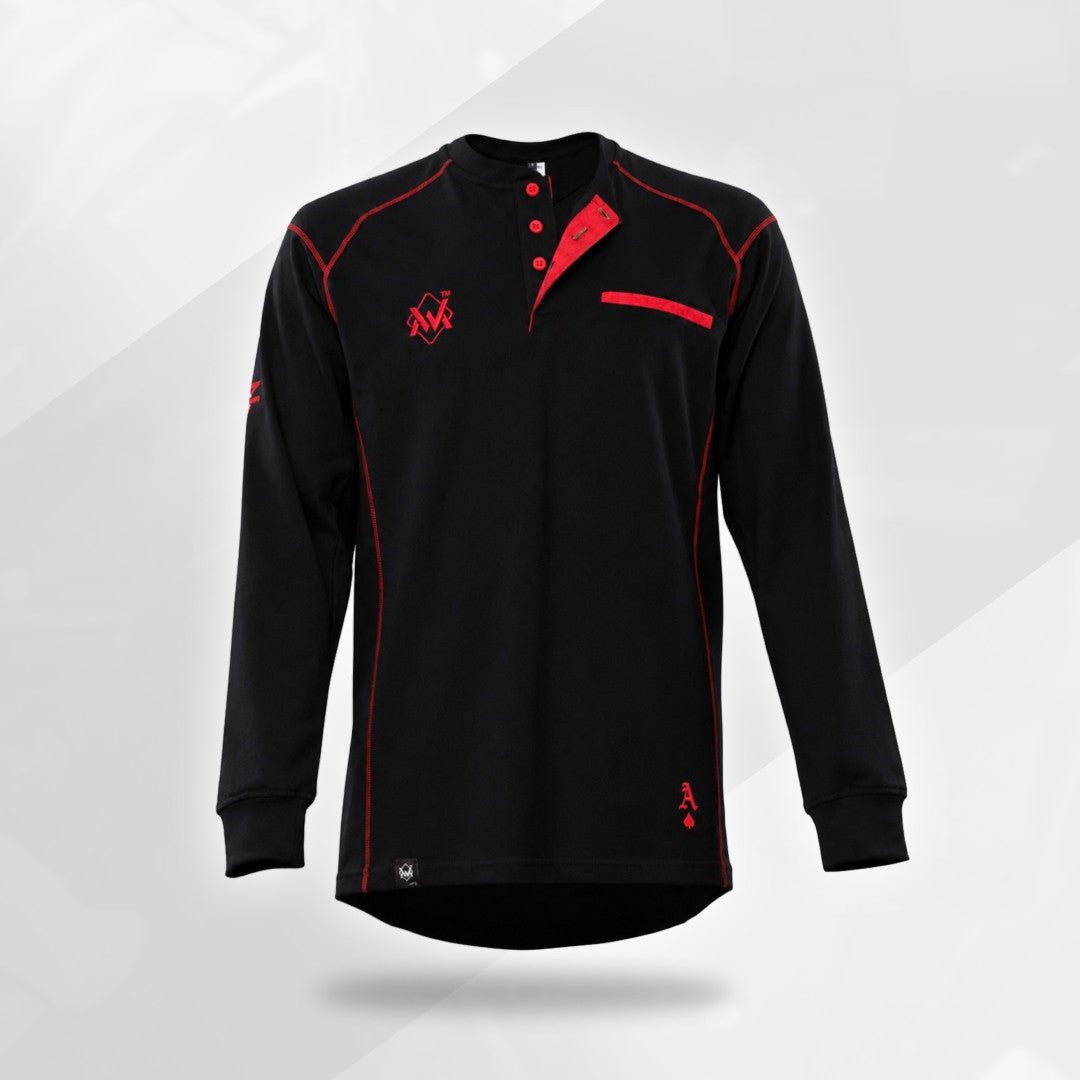The Welding Magician black FR long sleeve Henley shirt with red stitching and chest pocket