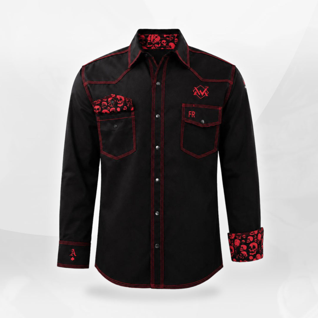 The Welding Magician black FR welding shirt with red stitching, skull-pattern accents, dual chest pockets and flame-resistant workwear design.