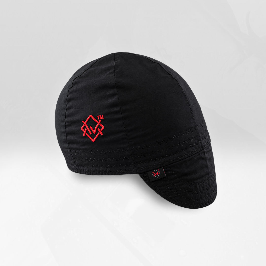 The Welding Magician black welding cap with red embroidered logo and short brim