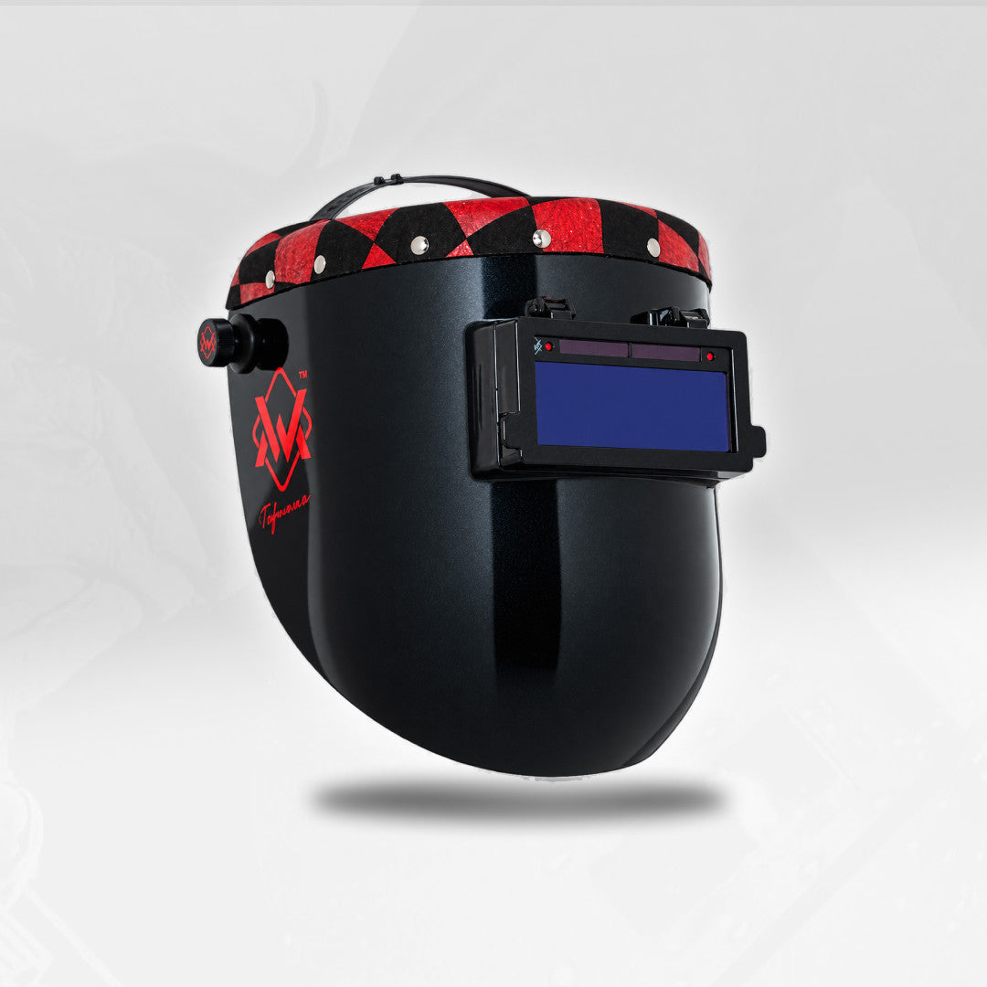 The Welding Magician black flip-lens welding hood with red and black trim and blue viewing lens