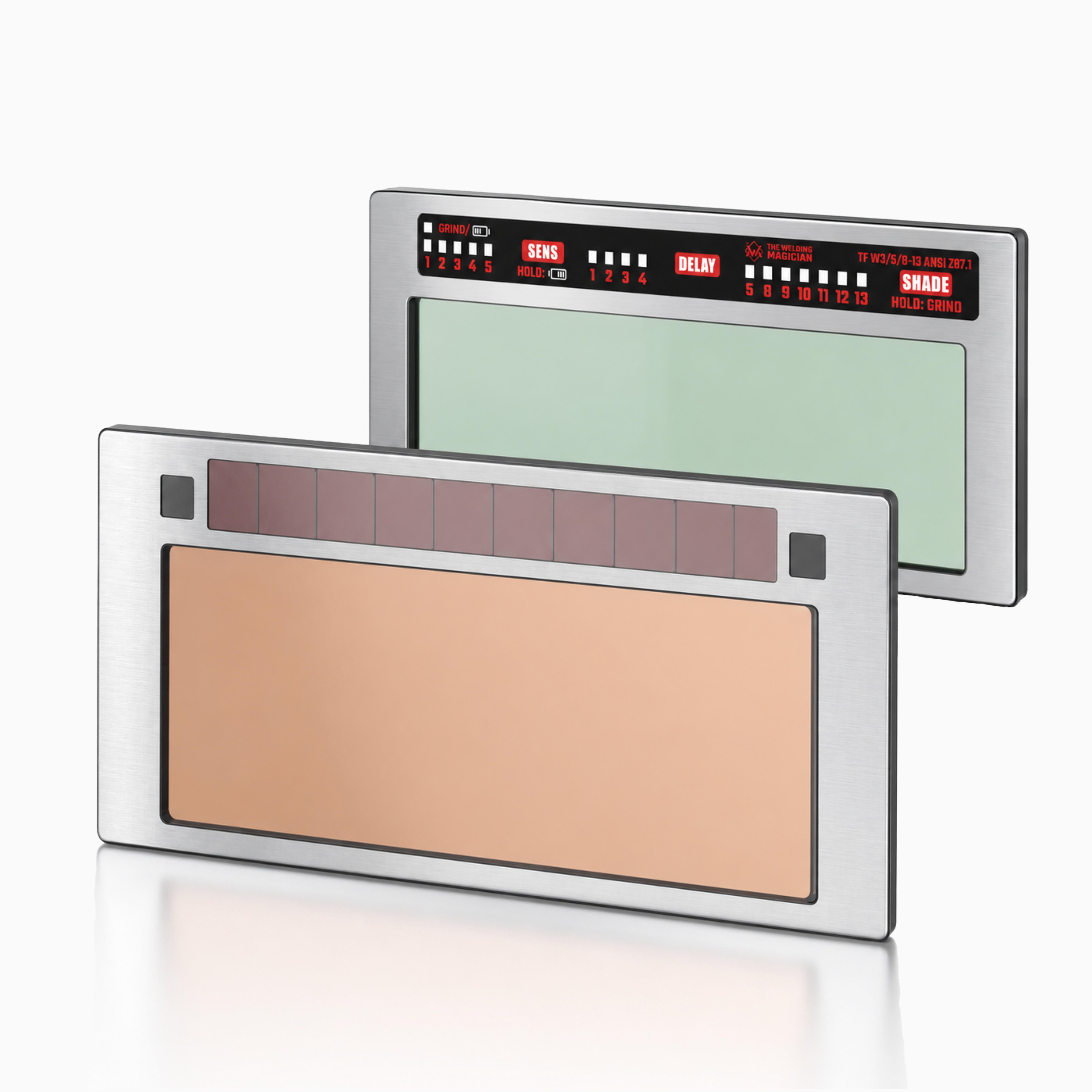 Front and rear views of the 24K Pro stainless steel True Color auto-darkening welding lens with solar cells and control panel.