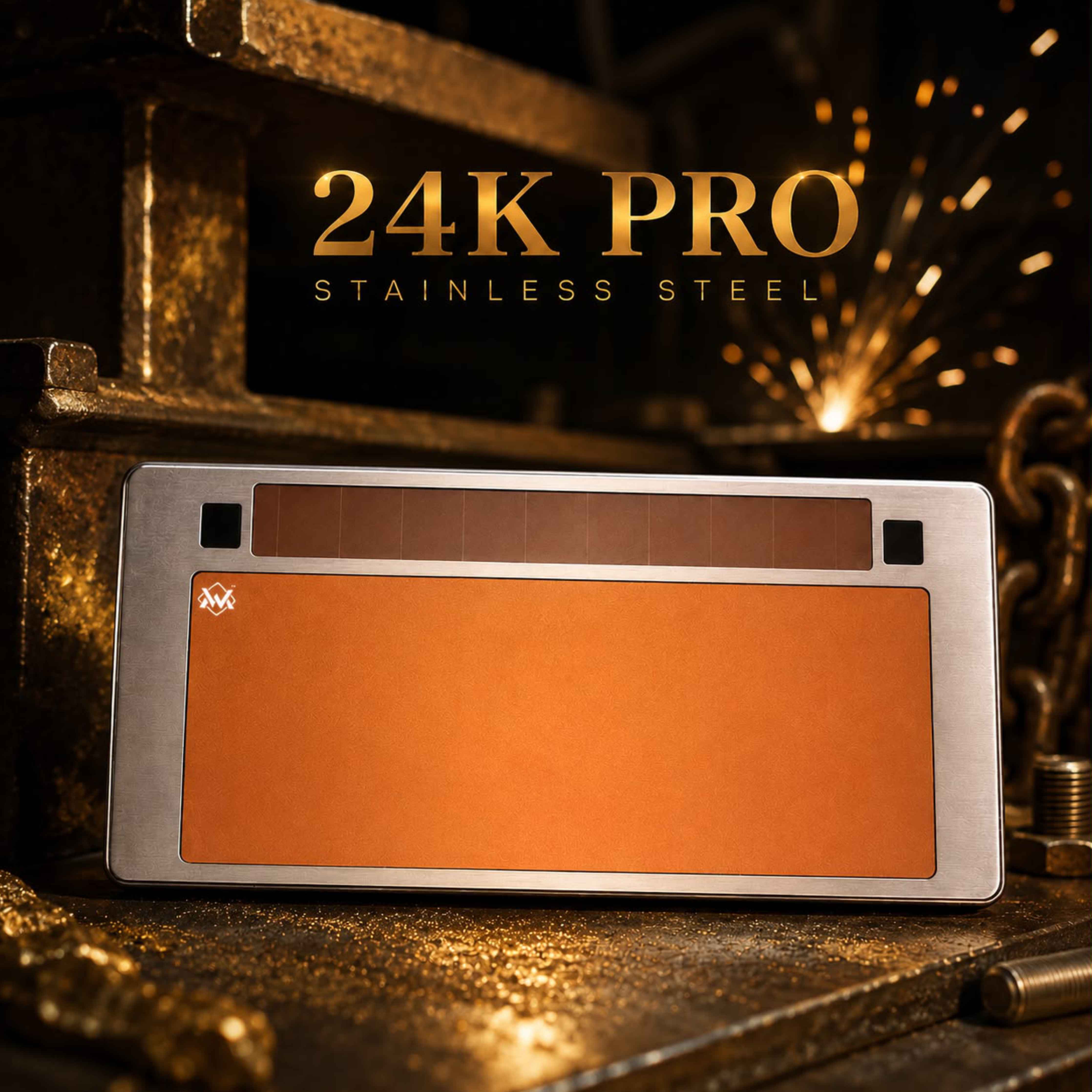 Welding len stainless steel with a large orange front panel and a brown strip near the top, shown on a dark metallic industrial surface with sparks and the text '24K PRO STAINLESS STEEL' above it.