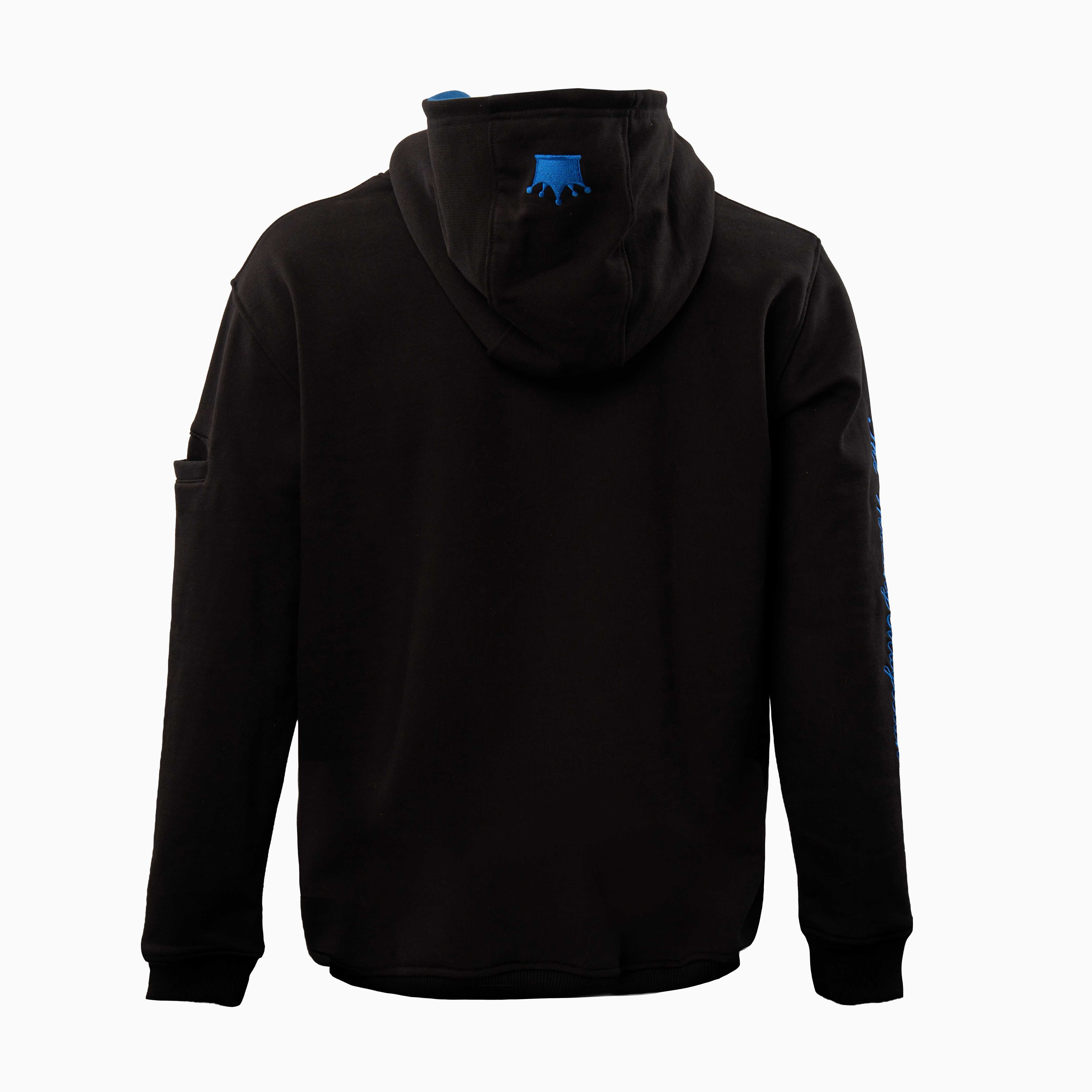 Magician FR Work Hoodie, back view of flame-resistant work hoodie in black with crown logo detail on hood.