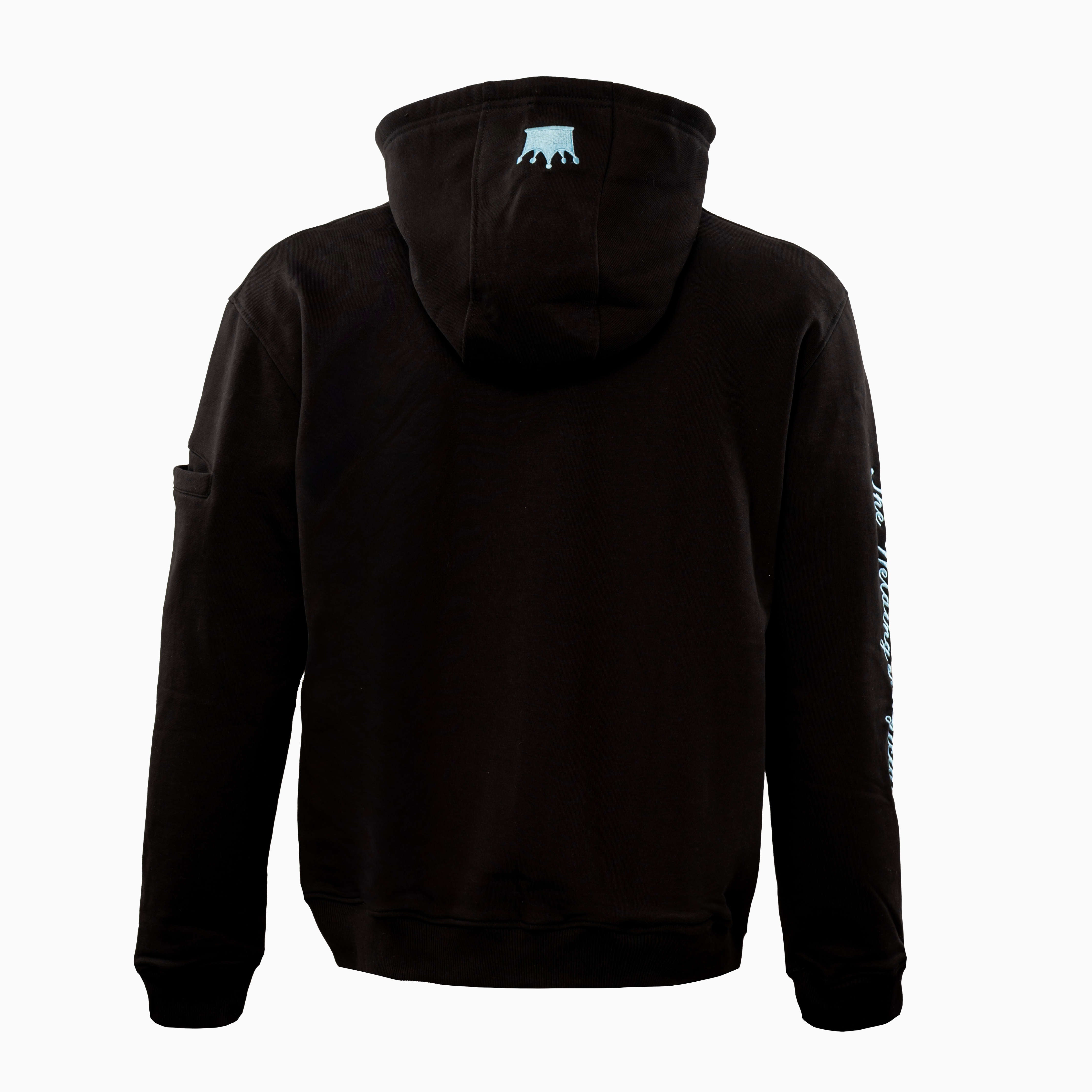 Magician FR Work Hoodie, back view of flame-resistant work hoodie in black/light blue with crown logo detail on hood.
