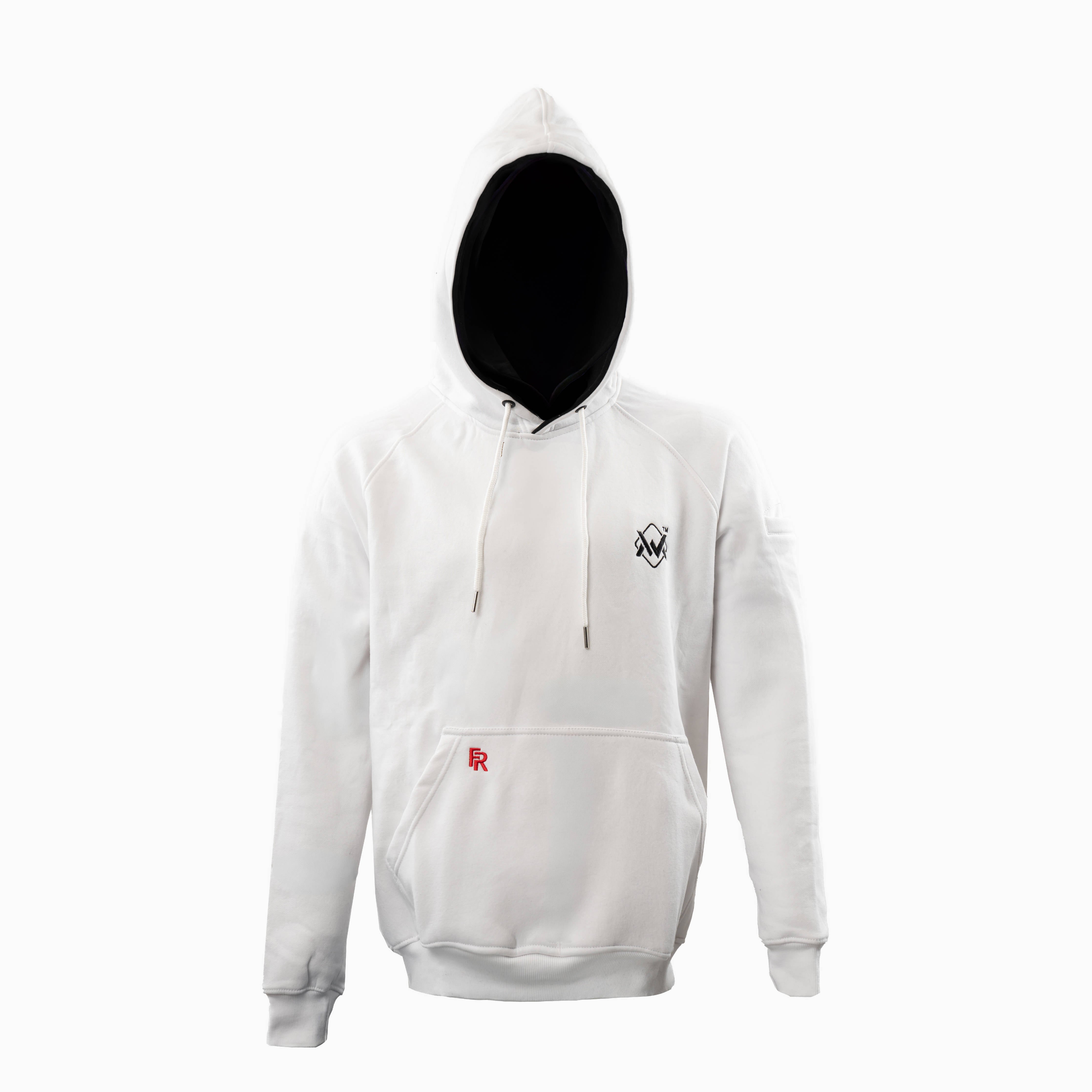 Magician FR Work Hoodie in white and black, flame-resistant hoodie front view for industrial safety.