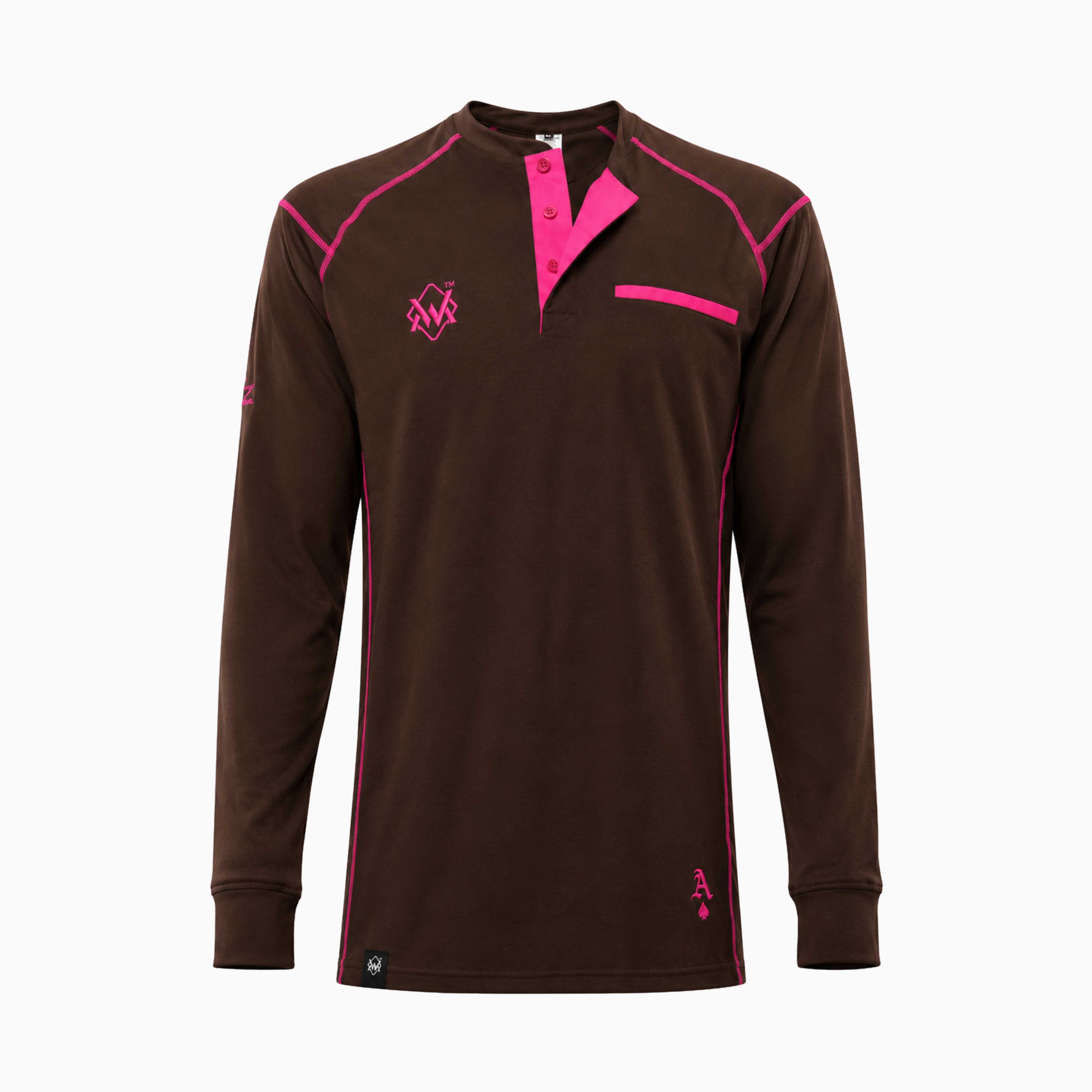 Elite FR Long-Sleeve Work Tee in brown and pink, front view of flame-resistant professional welding shirt.