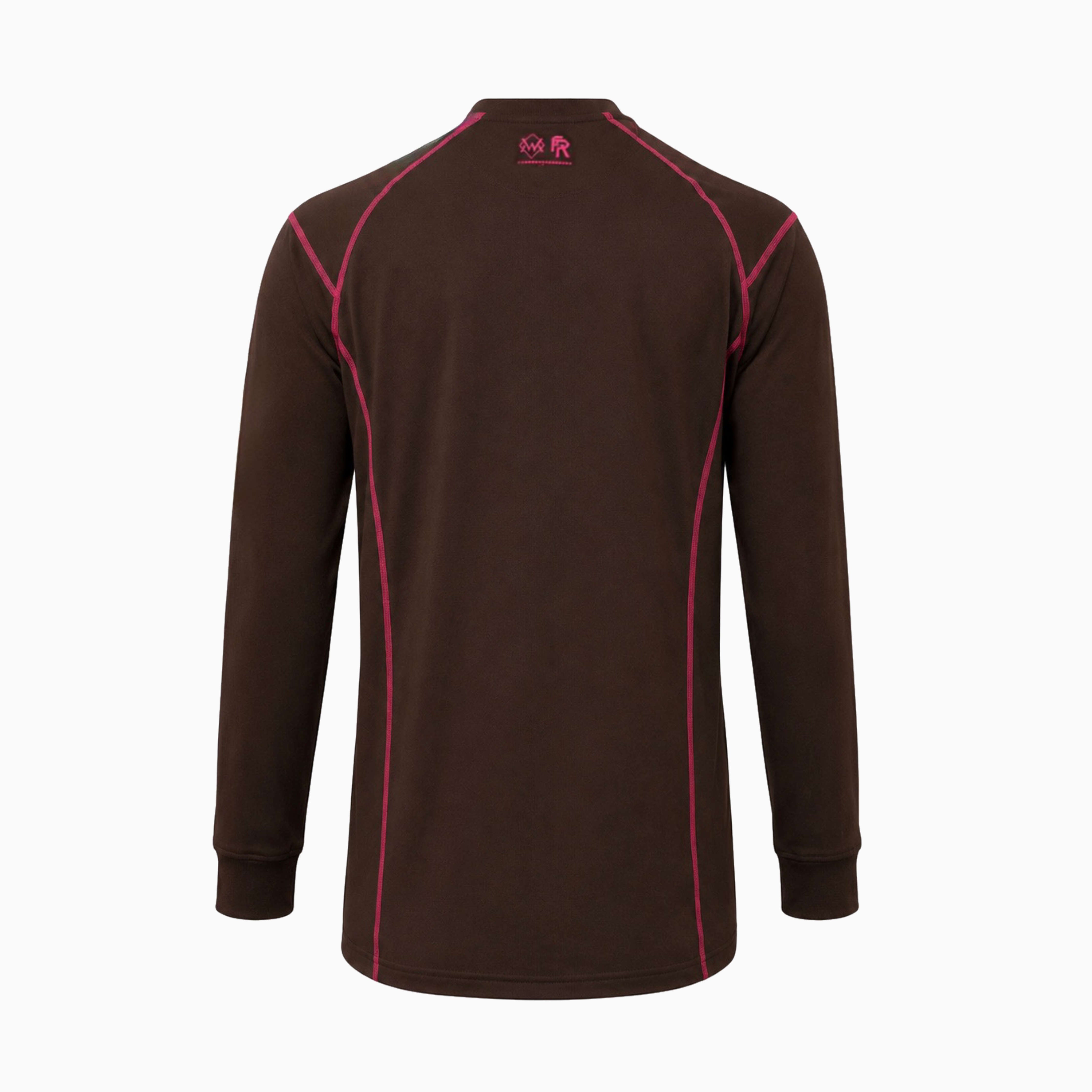 Back view of Brown and pink Elite FR Long-Sleeve Work Tee with ergonomic seams and FR back logo.