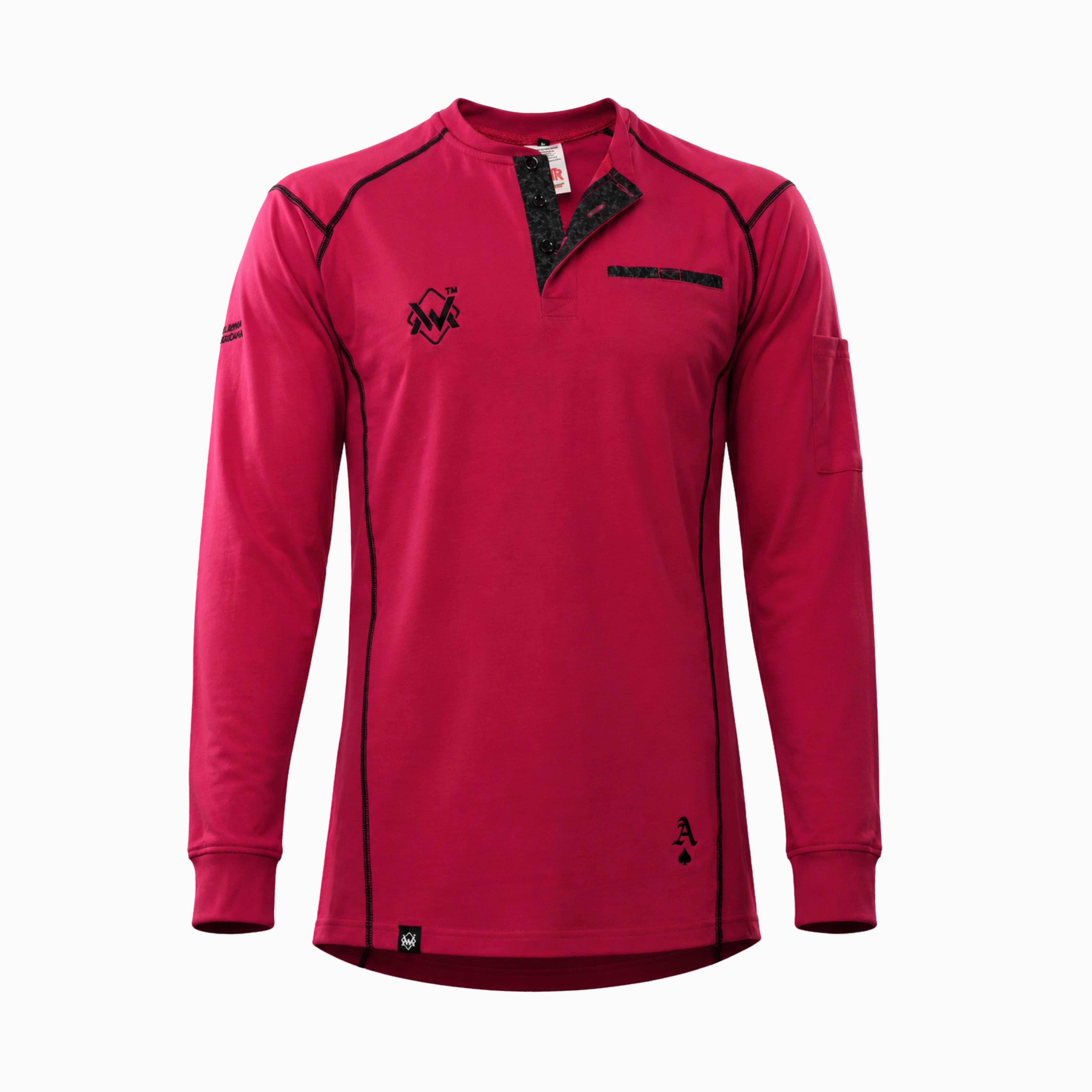 Elite FR Long-Sleeve Work Tee in pink and black, flame-resistant long-sleeve work shirt front view.