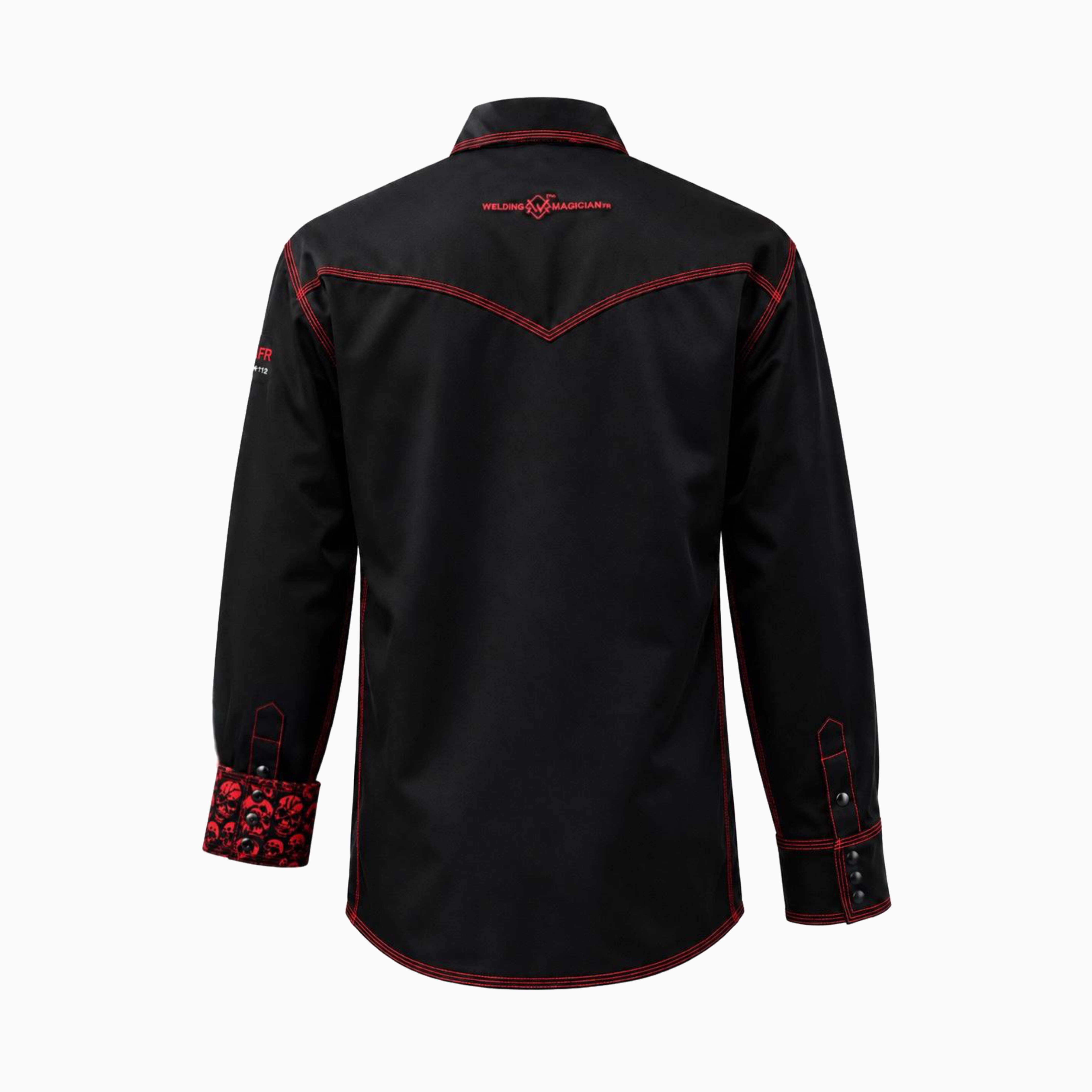 Flame-Resistant (FR) Welding Shirt back – Black / Skull-Red | The Welding Magician