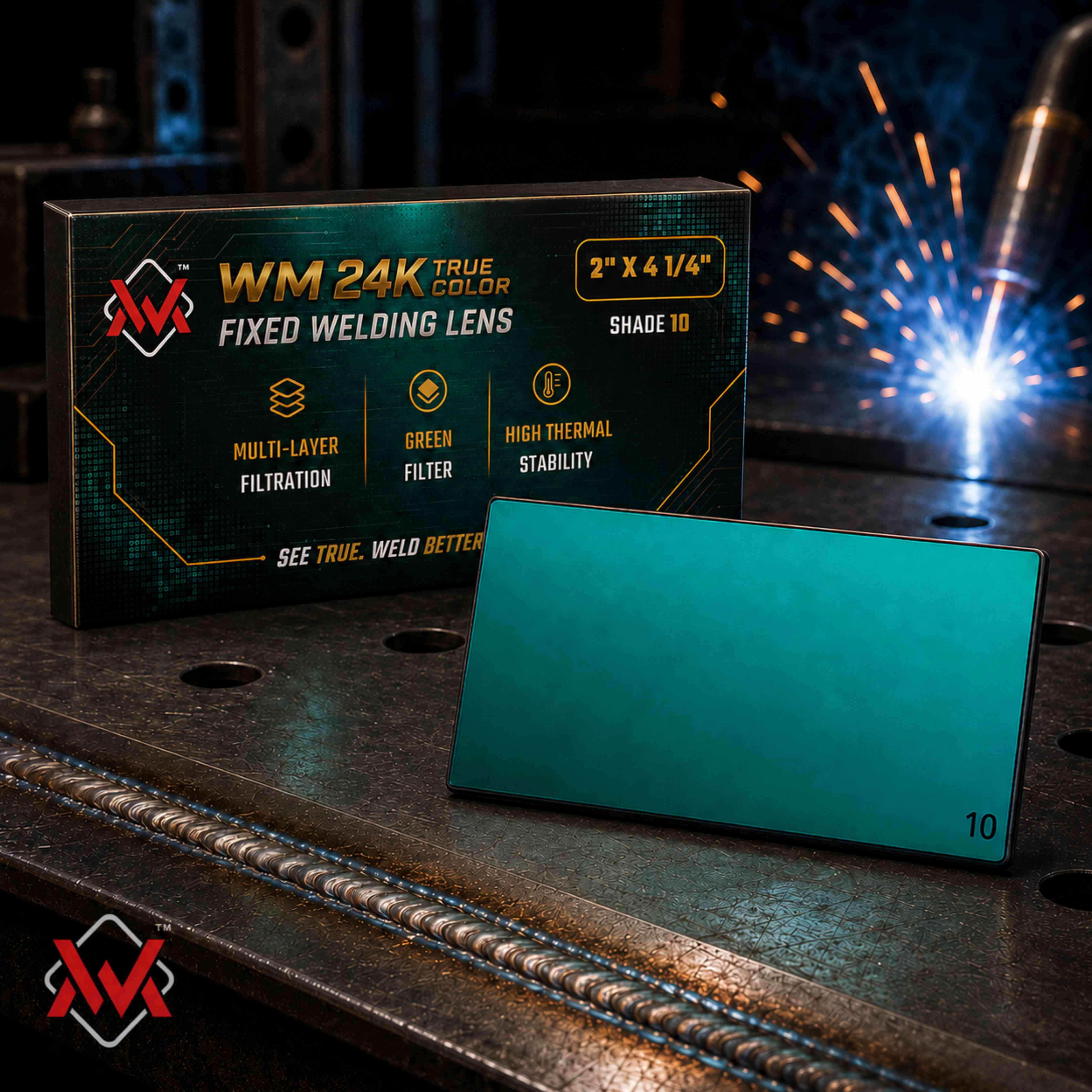 WM 24K True Color Fixed Welding Lens Shade 10 with premium packaging, 2 x 4-1/4 inch passive green welding lens on a steel welding table.