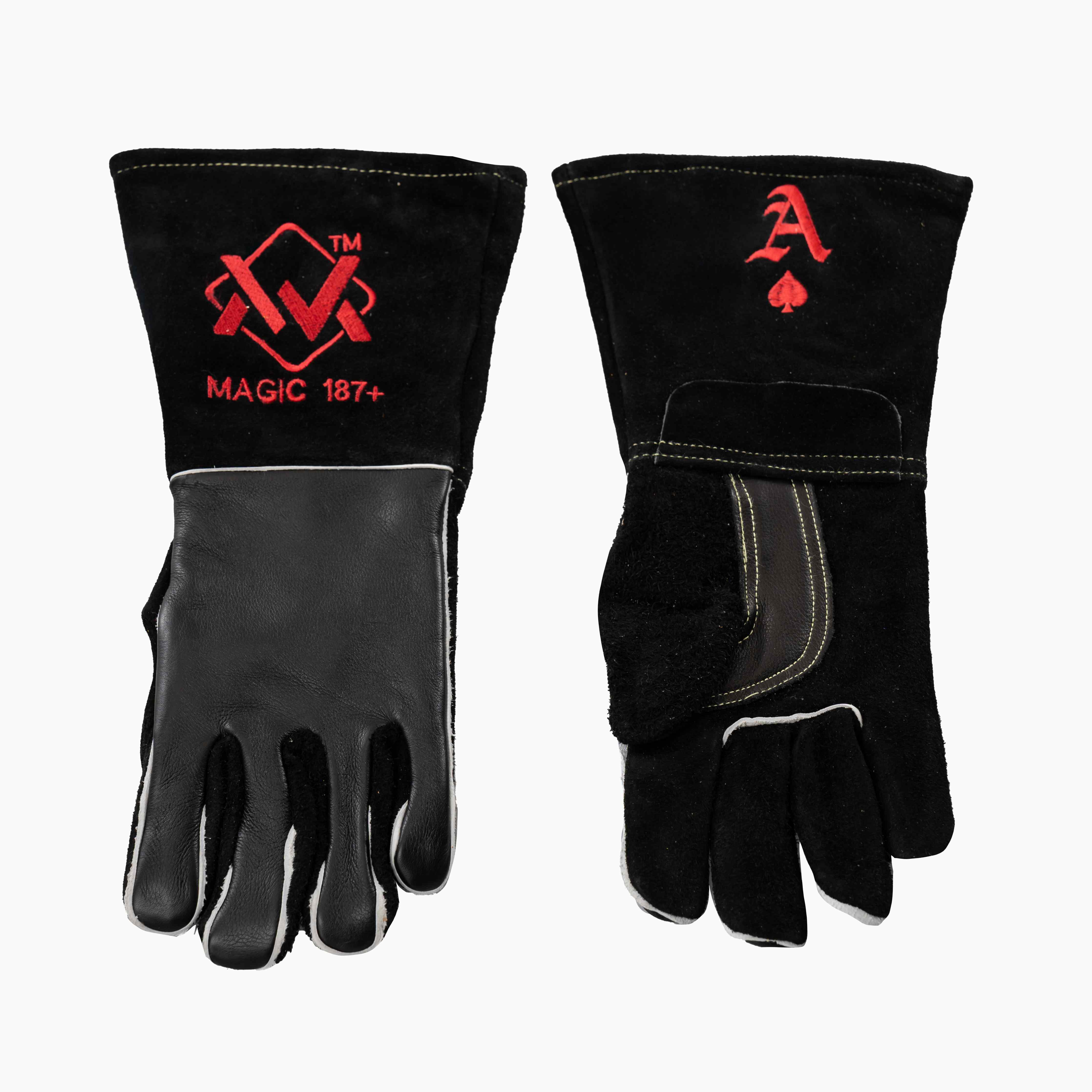 Black leather welding gloves with red embroidery, reinforced cuff for heat resistance.