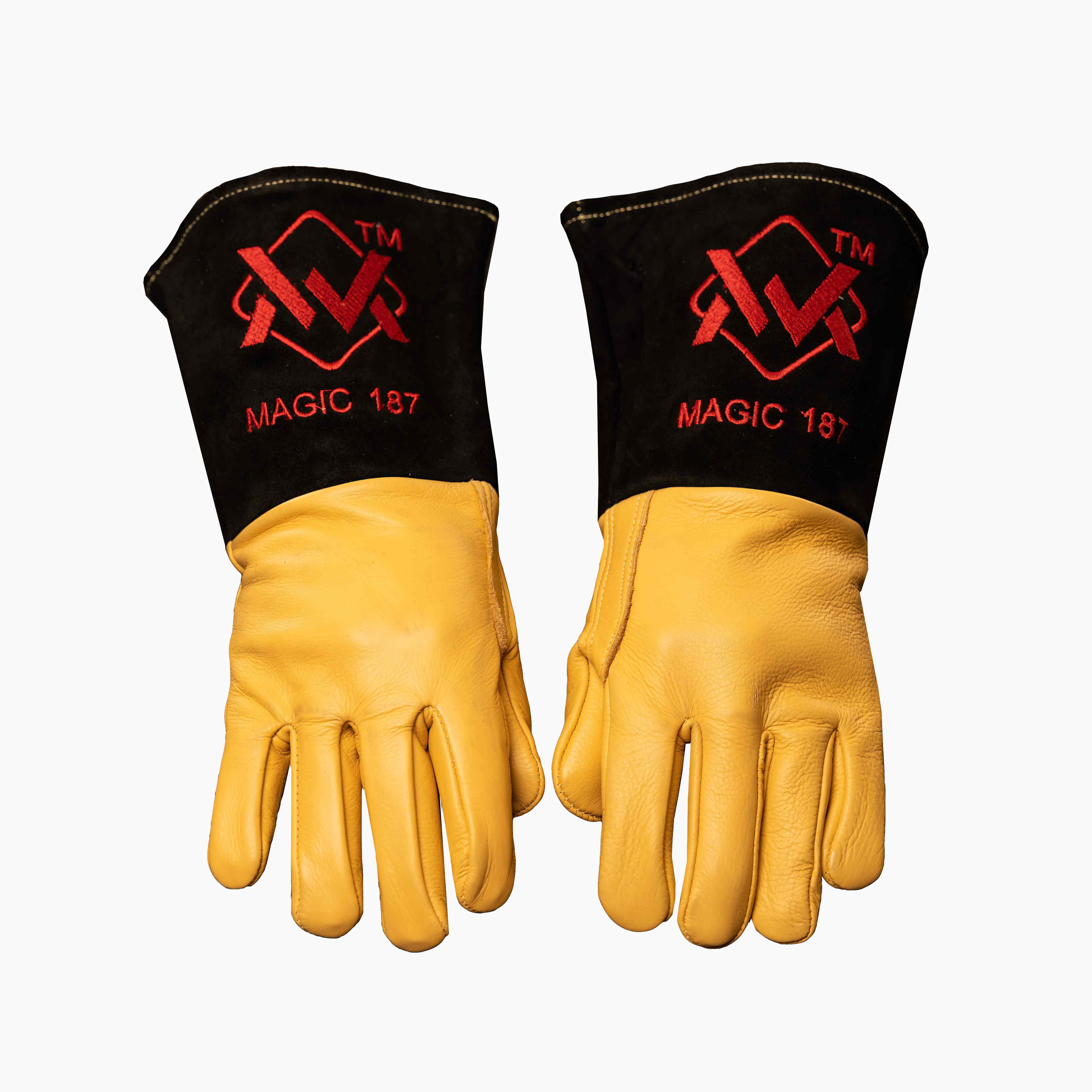 Hybrid TIG & Stick Welding Gloves black with yellow cuff and red logo, heat-resistant leather gloves.