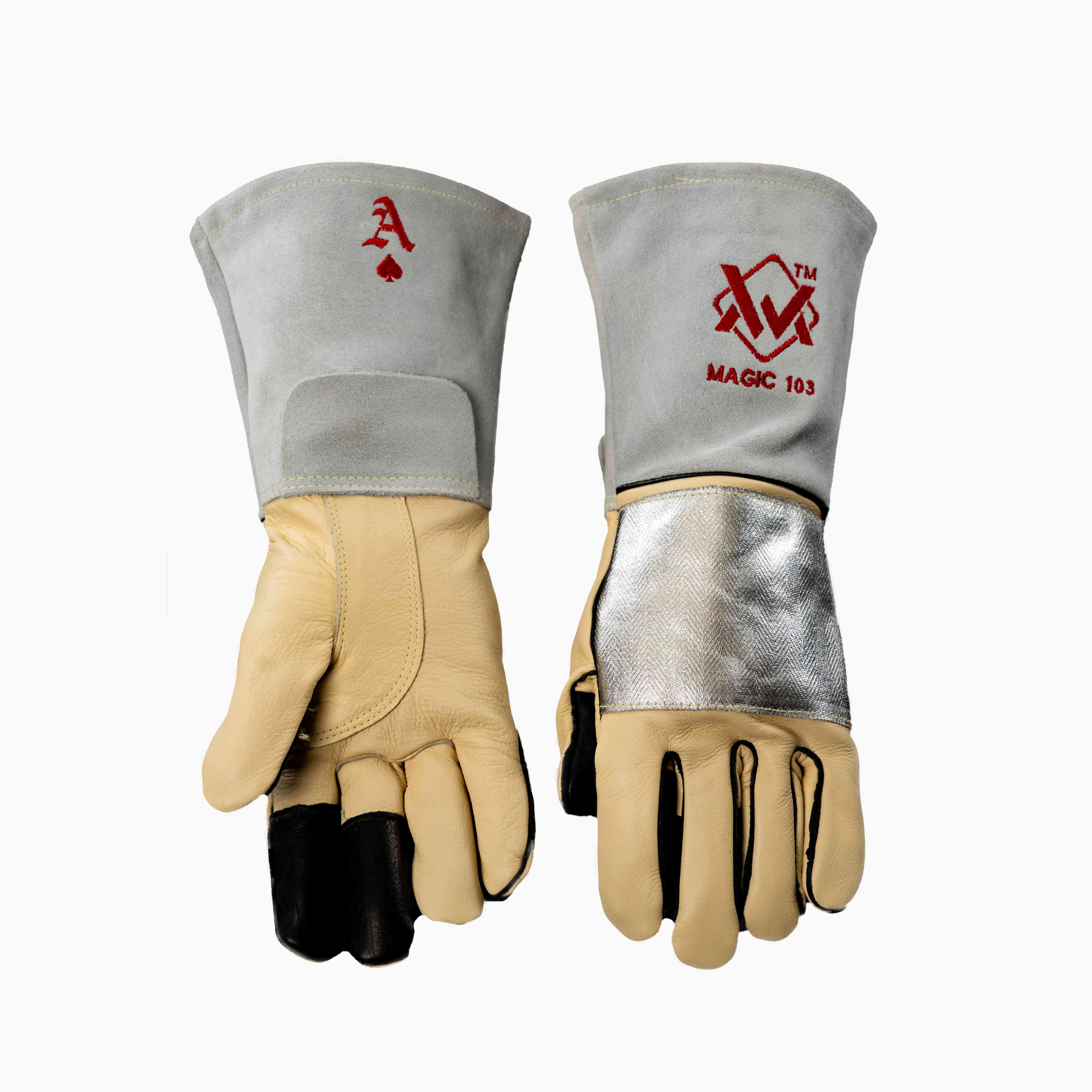 Gray and silver welding gloves with reinforced heat shield and red logo.