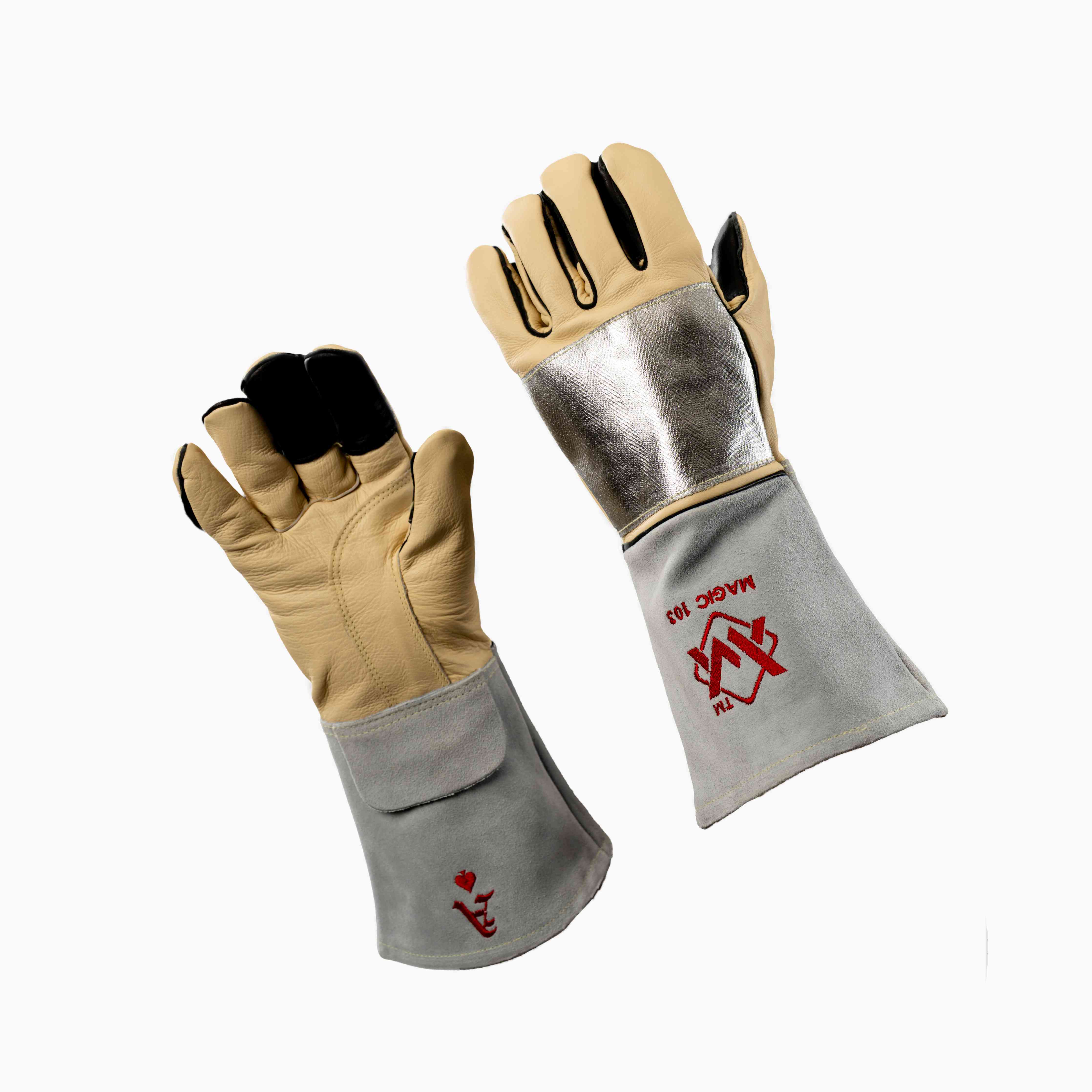 High-protection silver welding gloves with gray cuff and durable leather design.