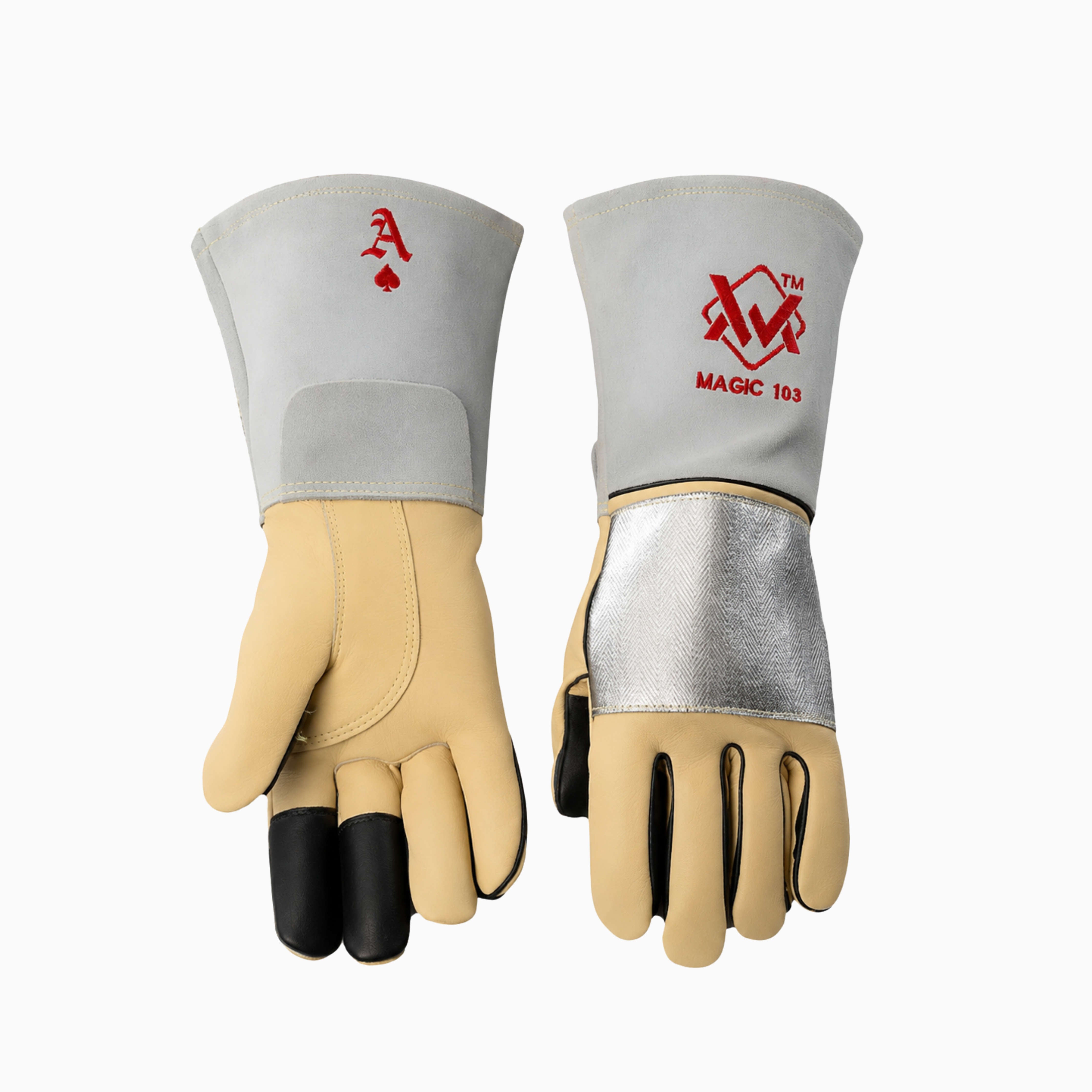 Gray and silver welding gloves with reinforced heat shield and red logo.