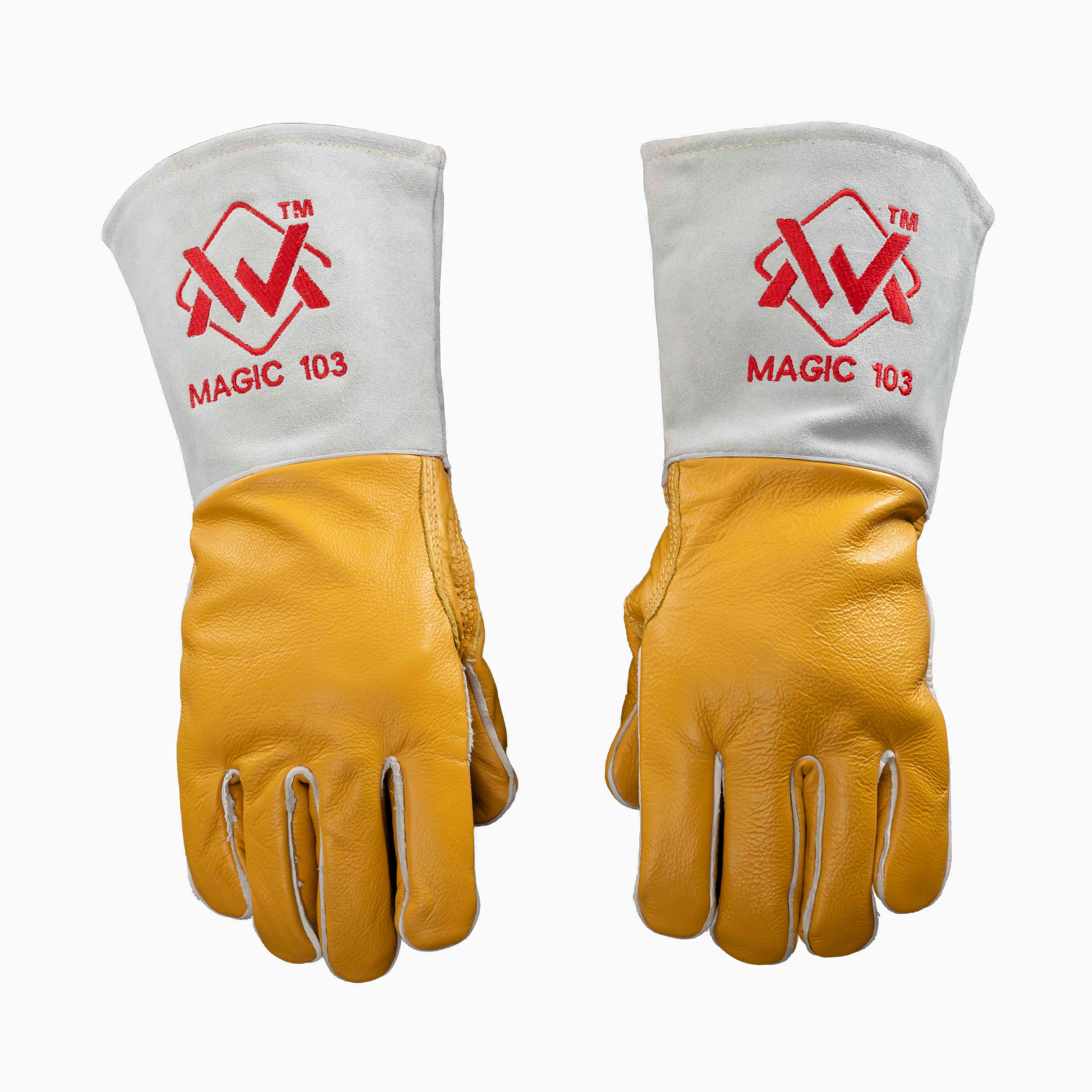 Elite Stick Welding Gloves gray and yellow with red logo, durable heat-resistant design.