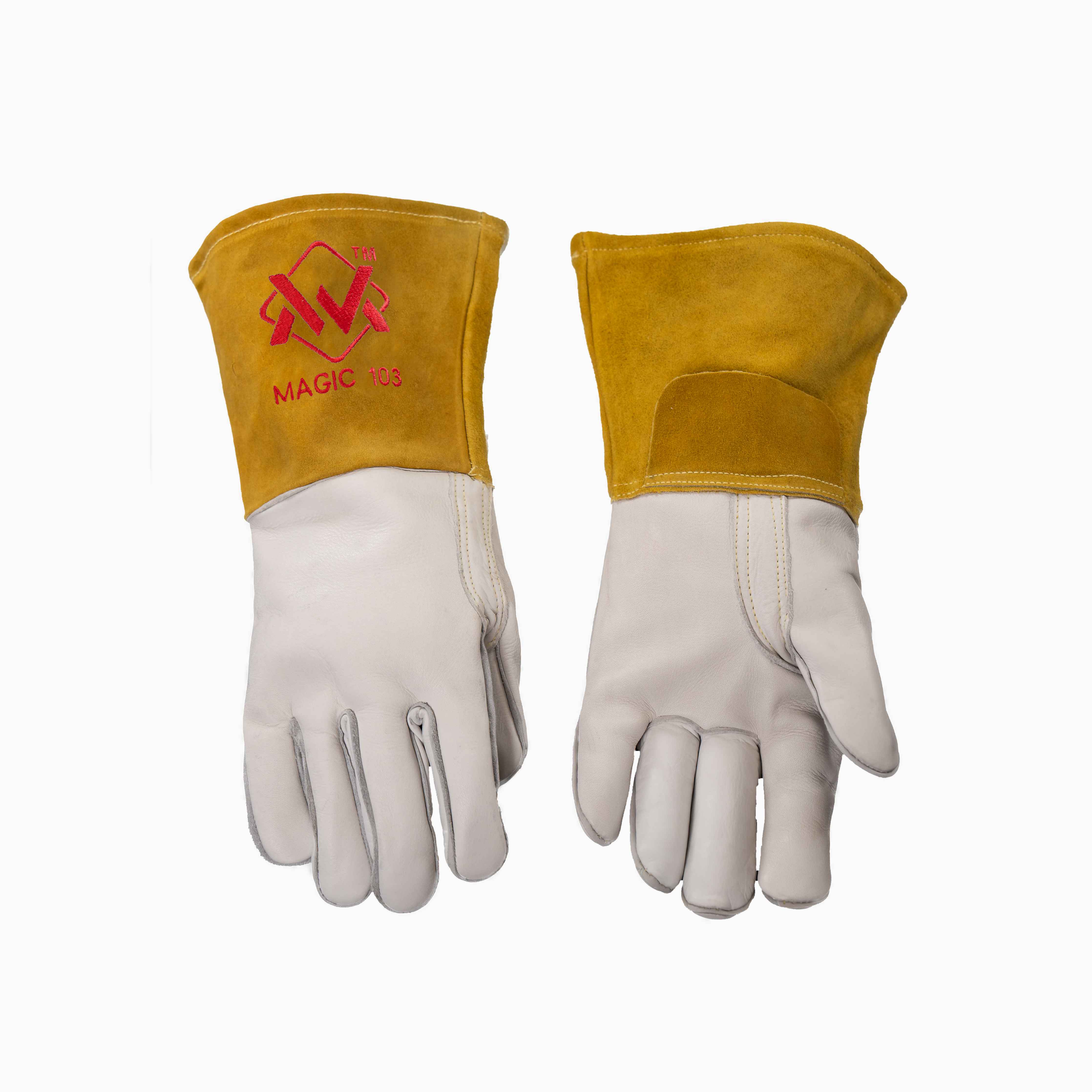 White and yellow welding gloves made of durable leather for heat protection.