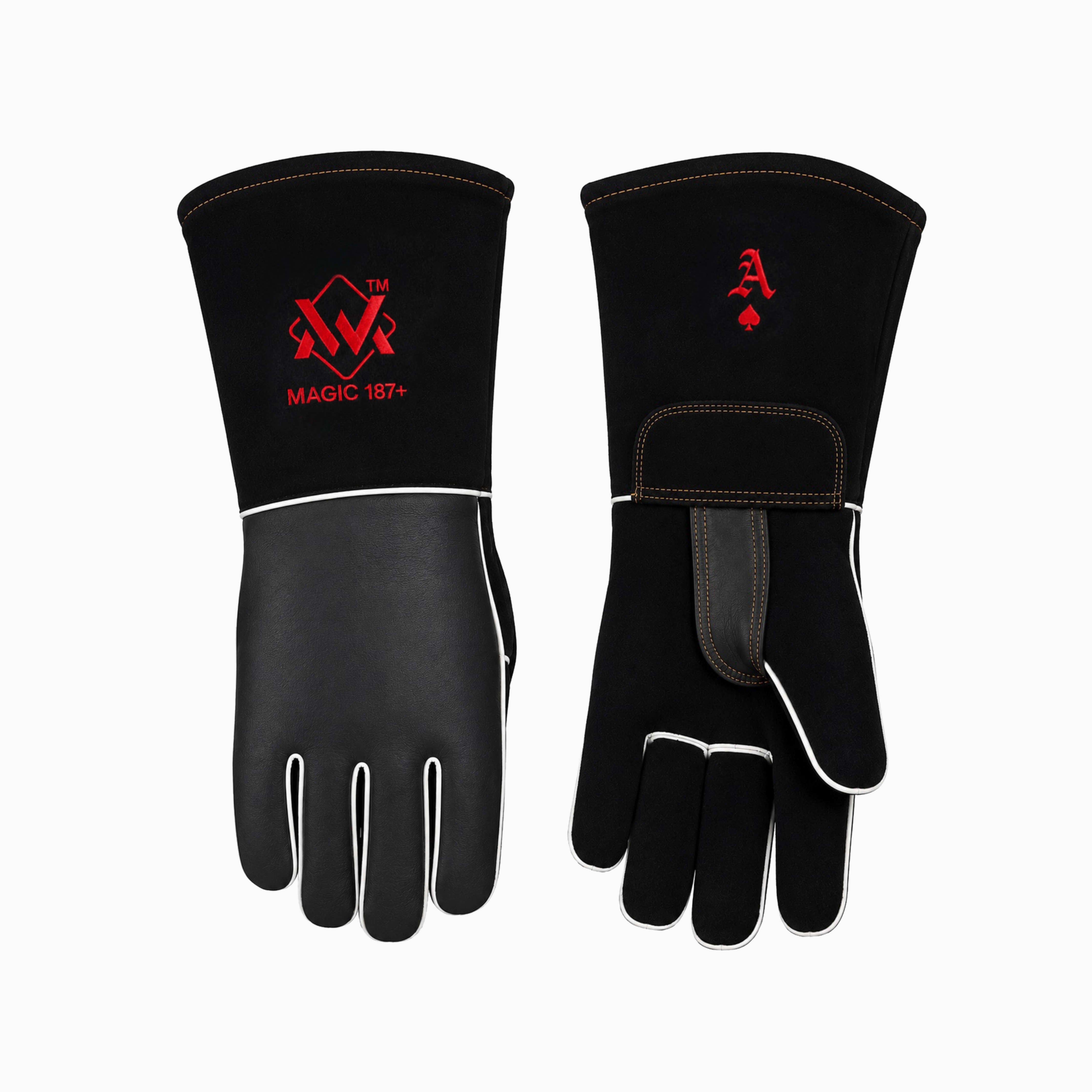 Black leather welding gloves with red embroidery, reinforced cuff for heat resistance.