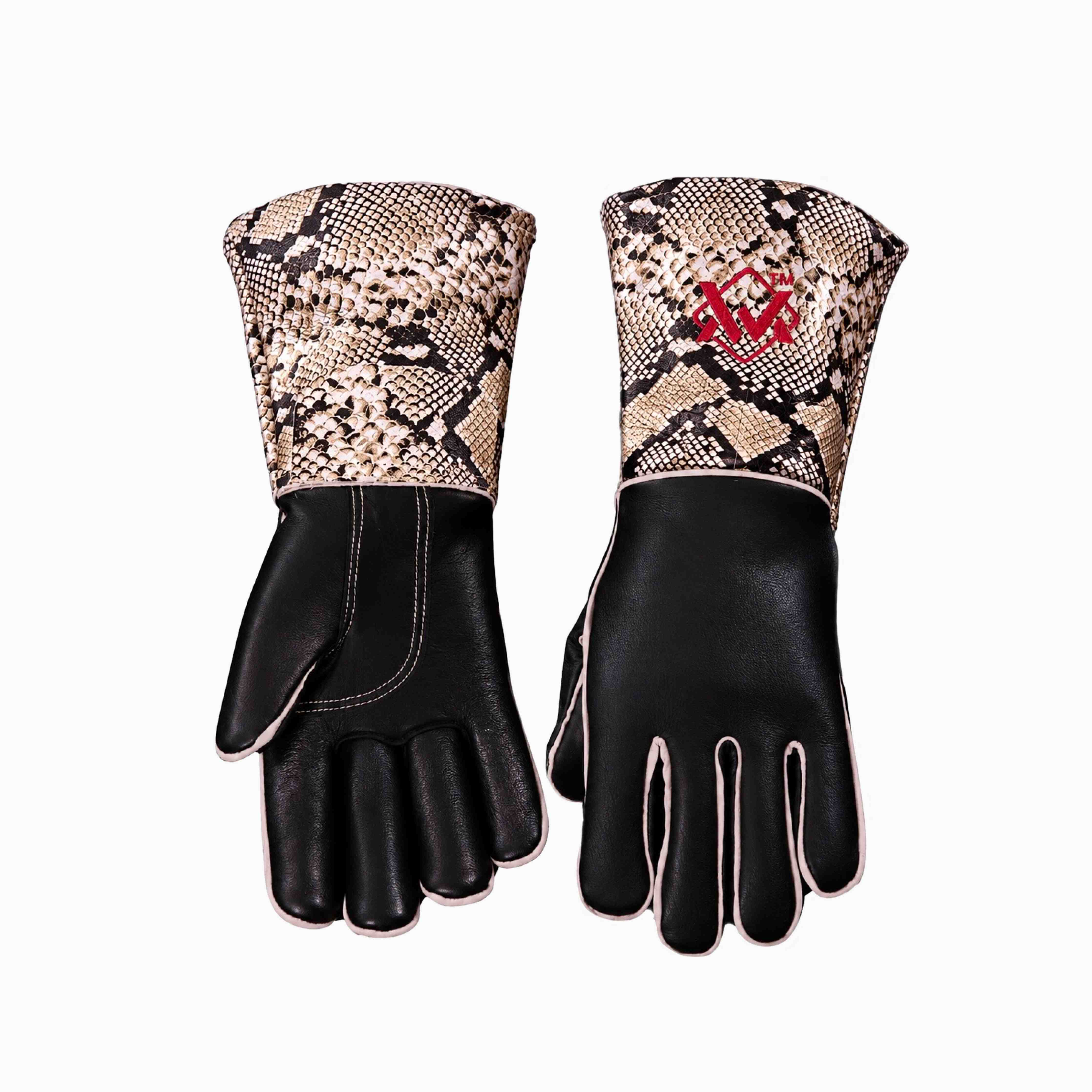Gold/Black leather welding gloves with red embroidery, reinforced cuff for heat resistance.