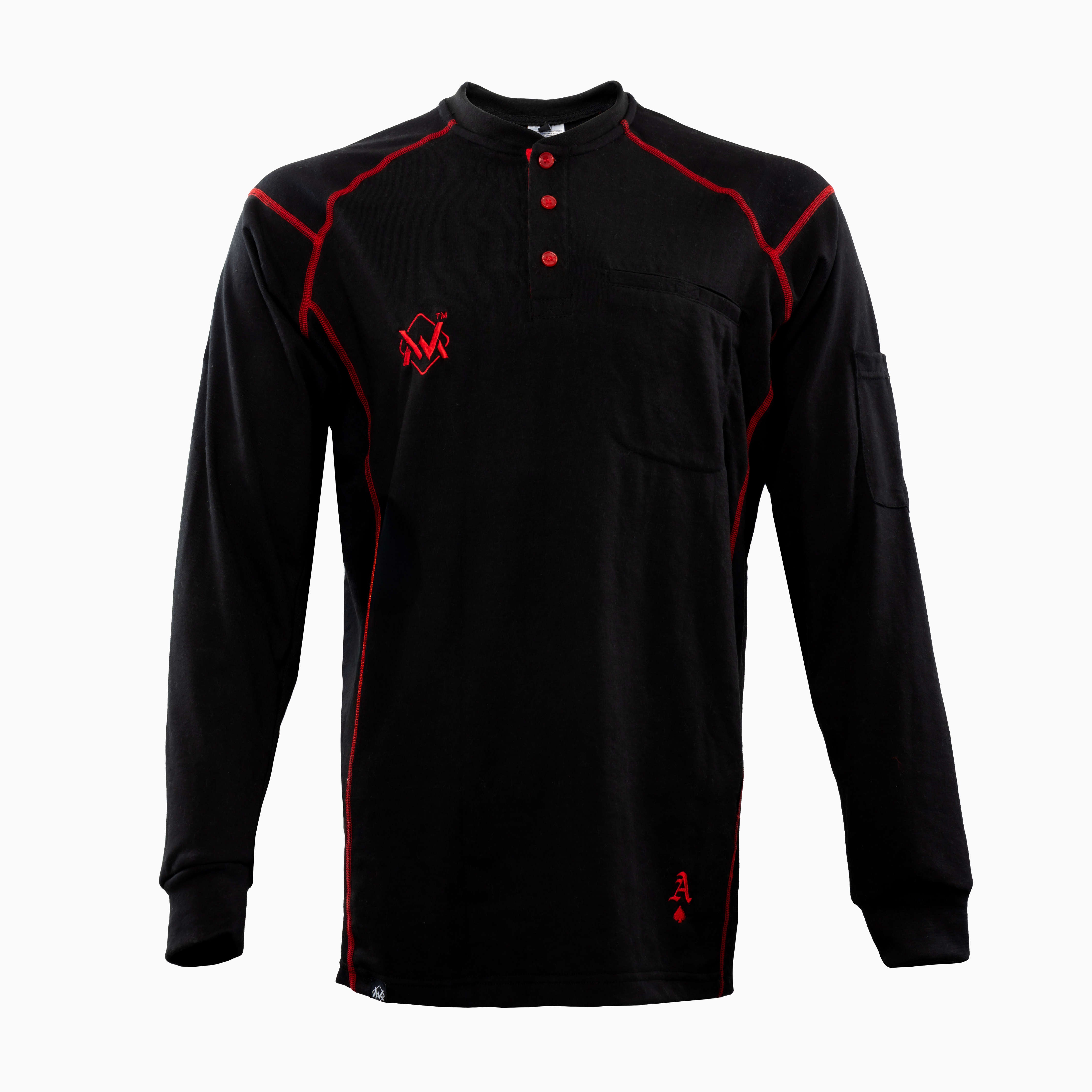 Elite FR Long-Sleeve Work Tee in black with red stitching, front view of flame-resistant welding shirt.
