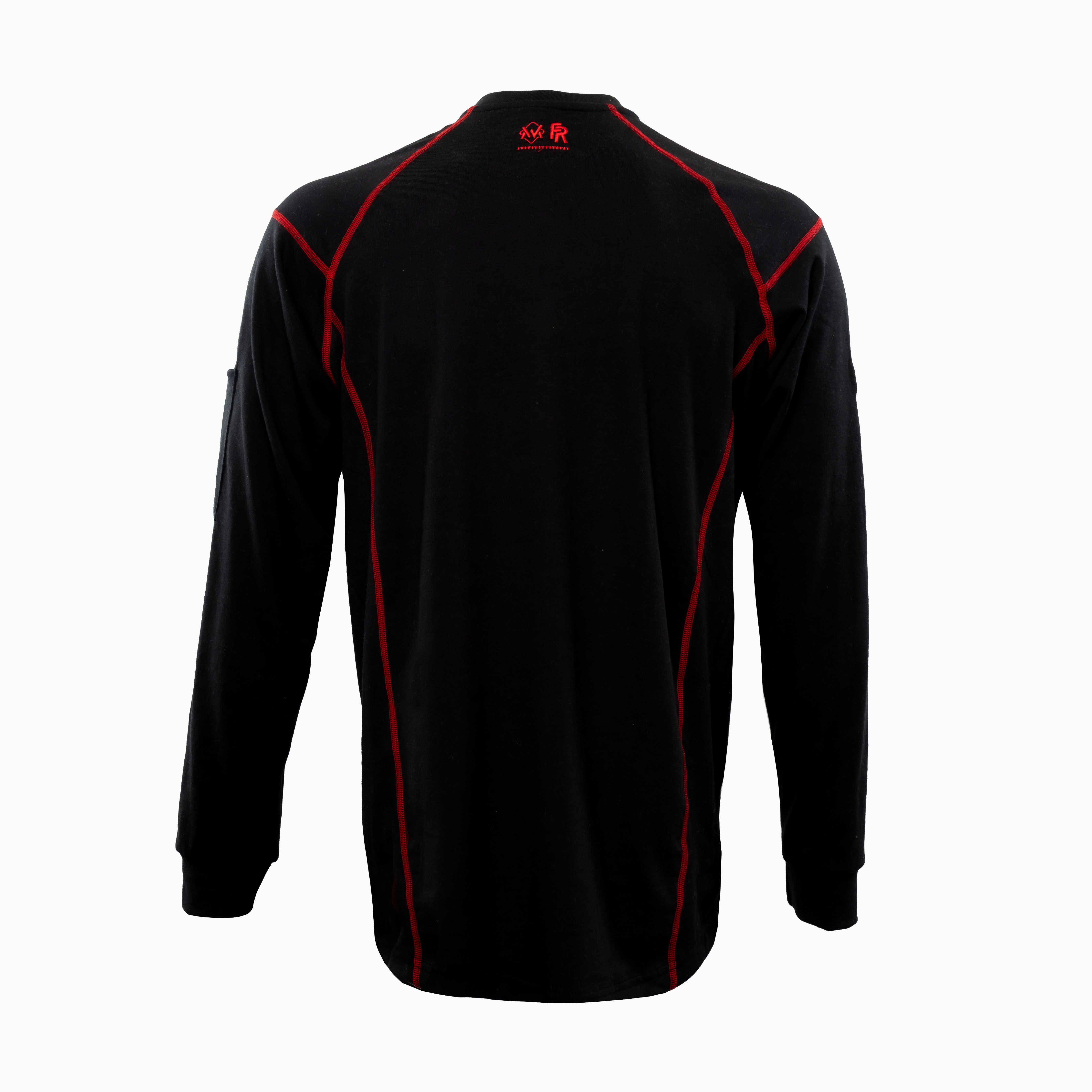 Back view of black and red Elite FR Long-Sleeve Work Tee featuring contrast seams and FR logo.