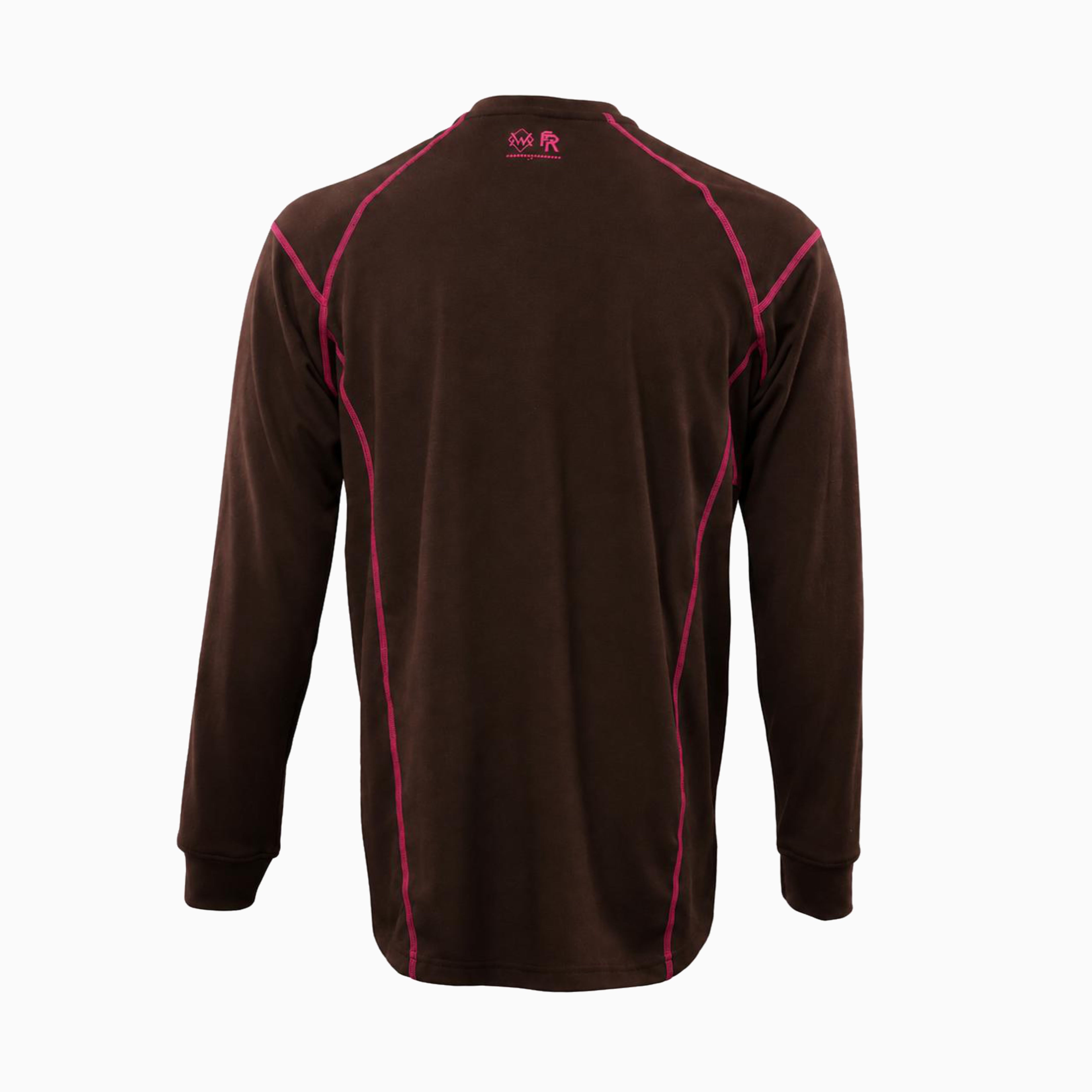 Back view of Brown and pink Elite FR Long-Sleeve Work Tee with ergonomic seams and FR back logo.