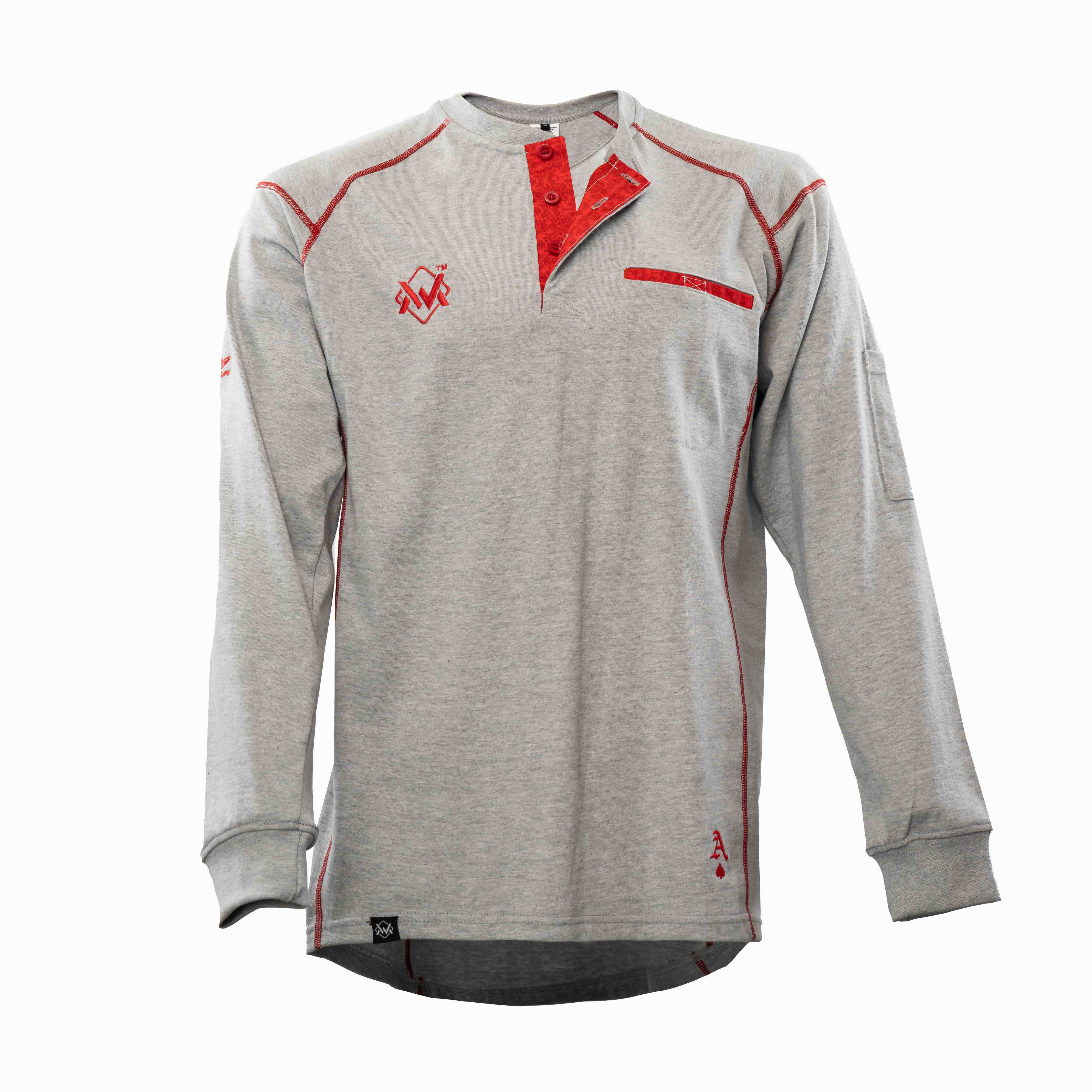 Elite FR Long-Sleeve Work Tee in gray with red stitching, front view of heat-resistant welding shirt.