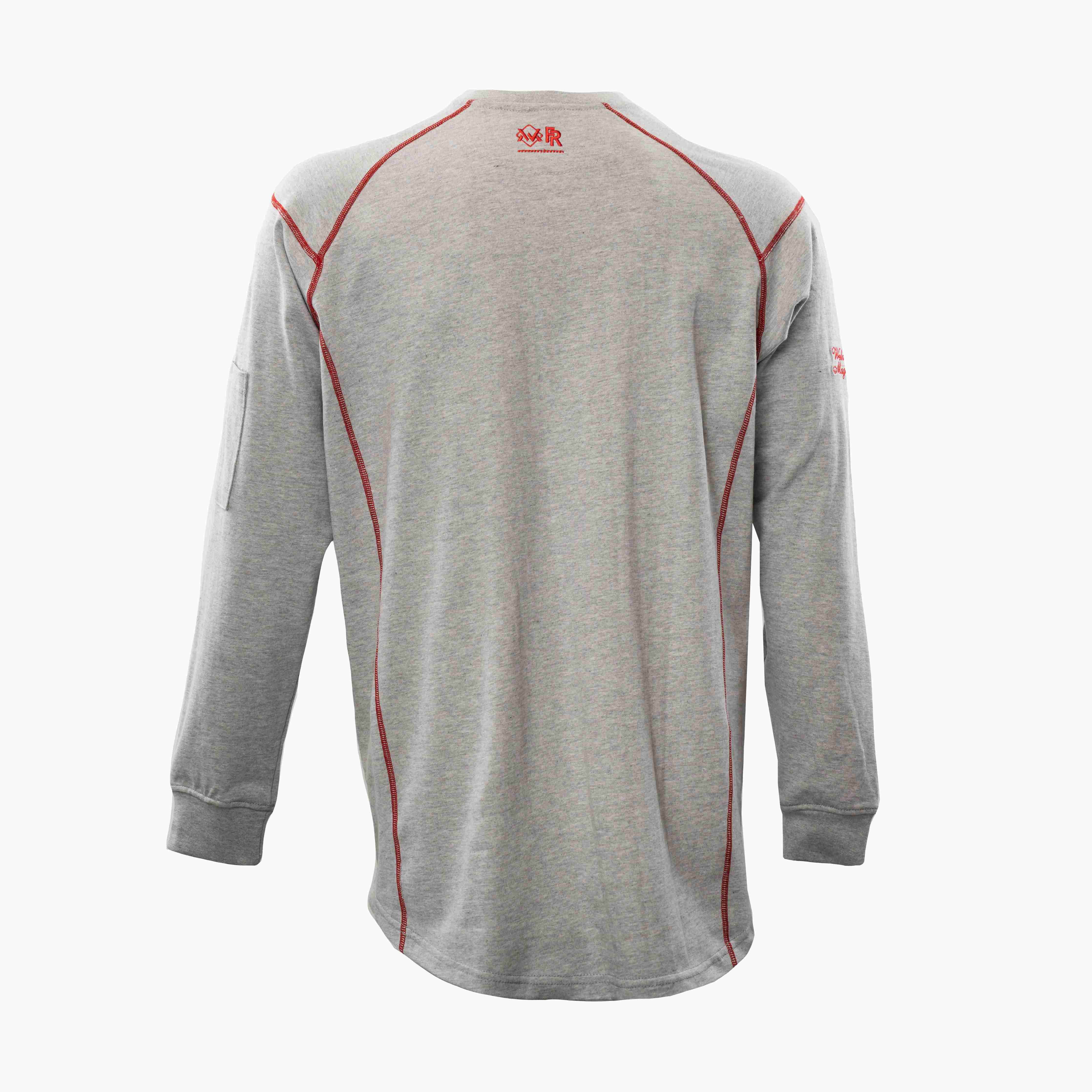 Back view of gray and red Elite FR Long-Sleeve Work Tee, designed for comfort and flame protection.