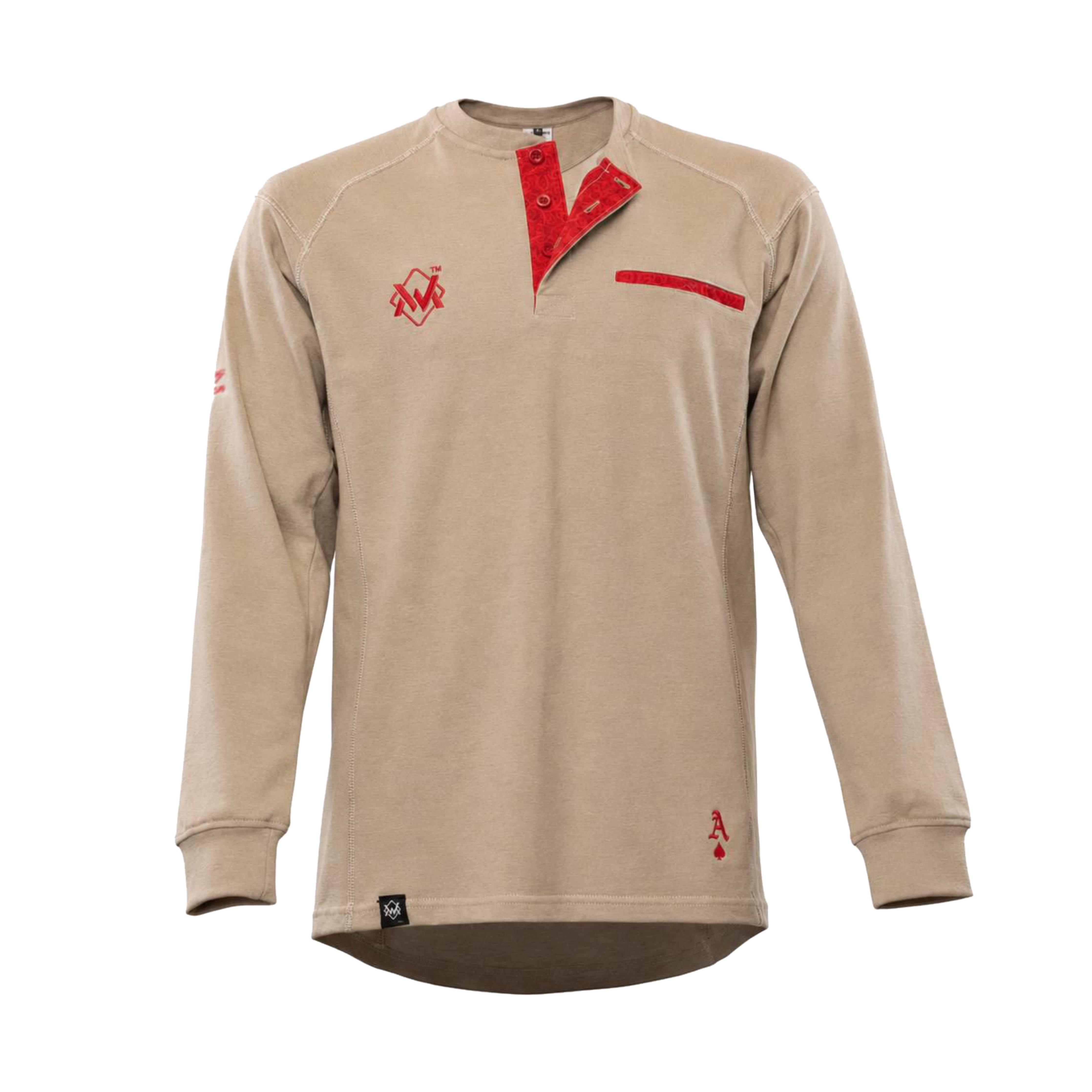 Elite FR Long-Sleeve Work Tee in khaki and red, front view of flame-resistant professional welding shirt.