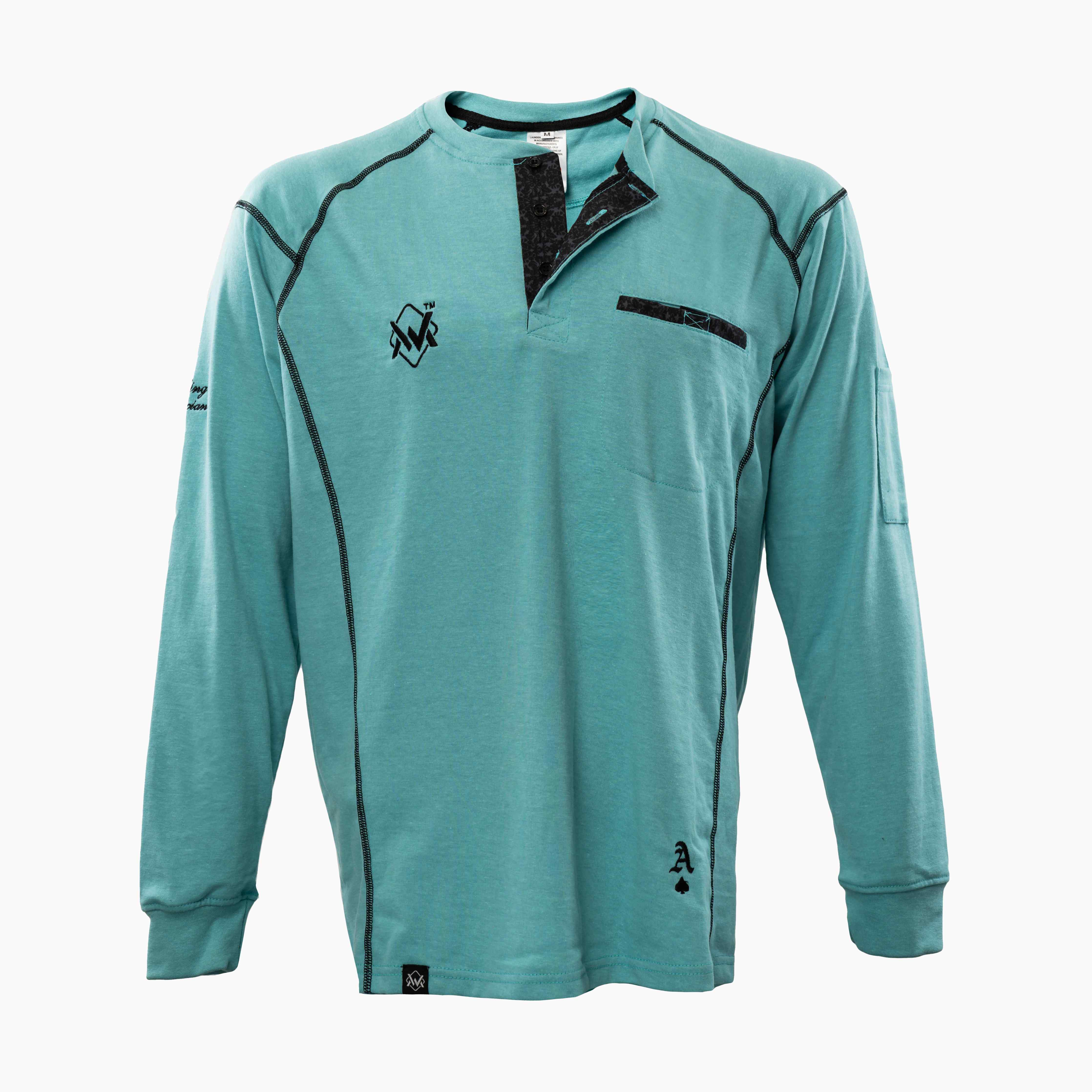 Elite FR Long-Sleeve Work Tee in teal and black, flame-resistant shirt with contrast stitching front view.