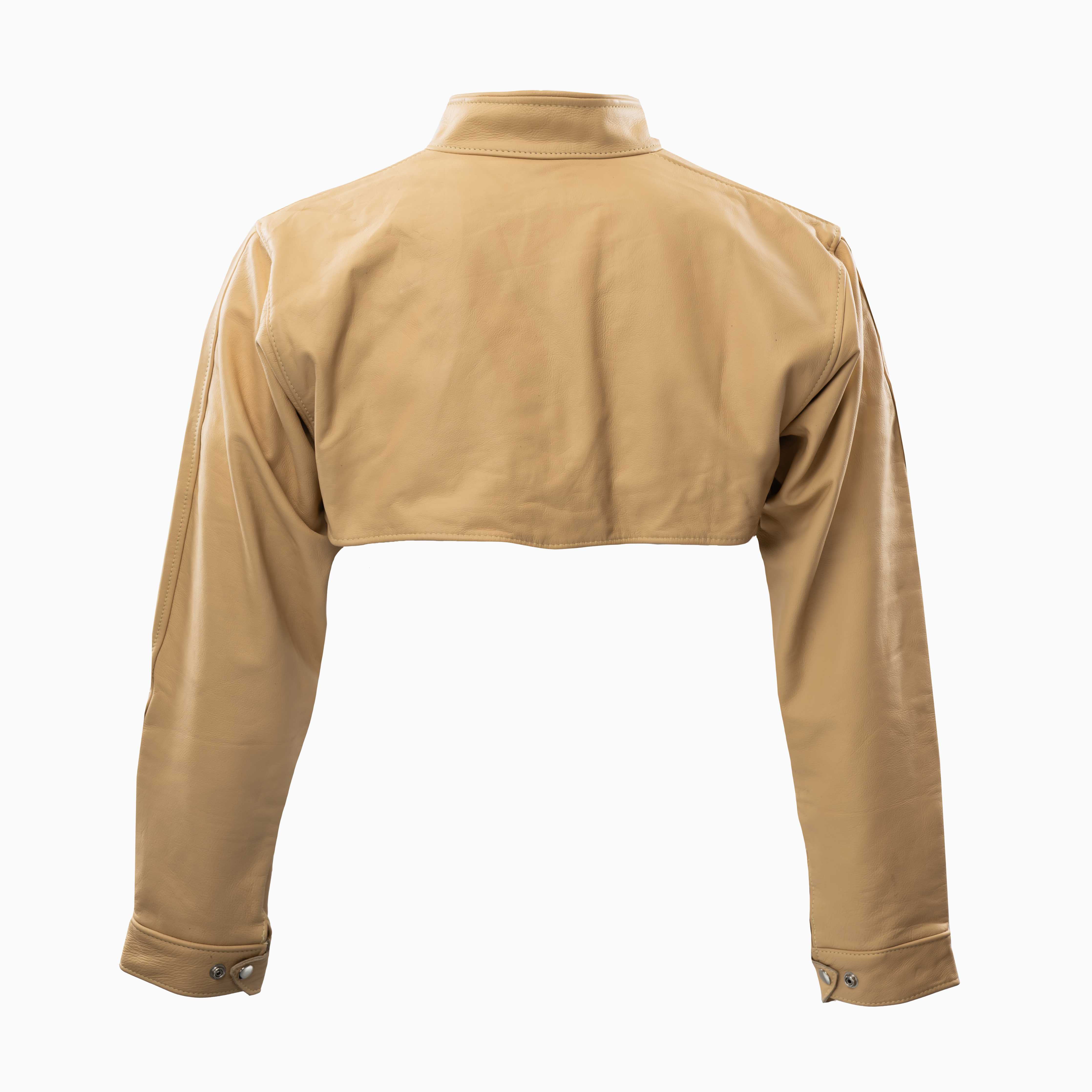 Magician’s Guard Classic Welding Jacket – back view of tan leather welding jacket showing full arm protection.