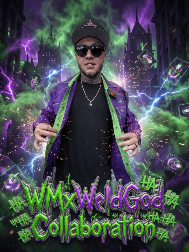 A man wearing a black cap, sunglasses, and a black shirt with a bright green zipper detail and a purple jacket stands in front of a dramatic purple and green fantasy city backdrop with lightning. Large stylized text 'WMxWeldGod Collaboration'