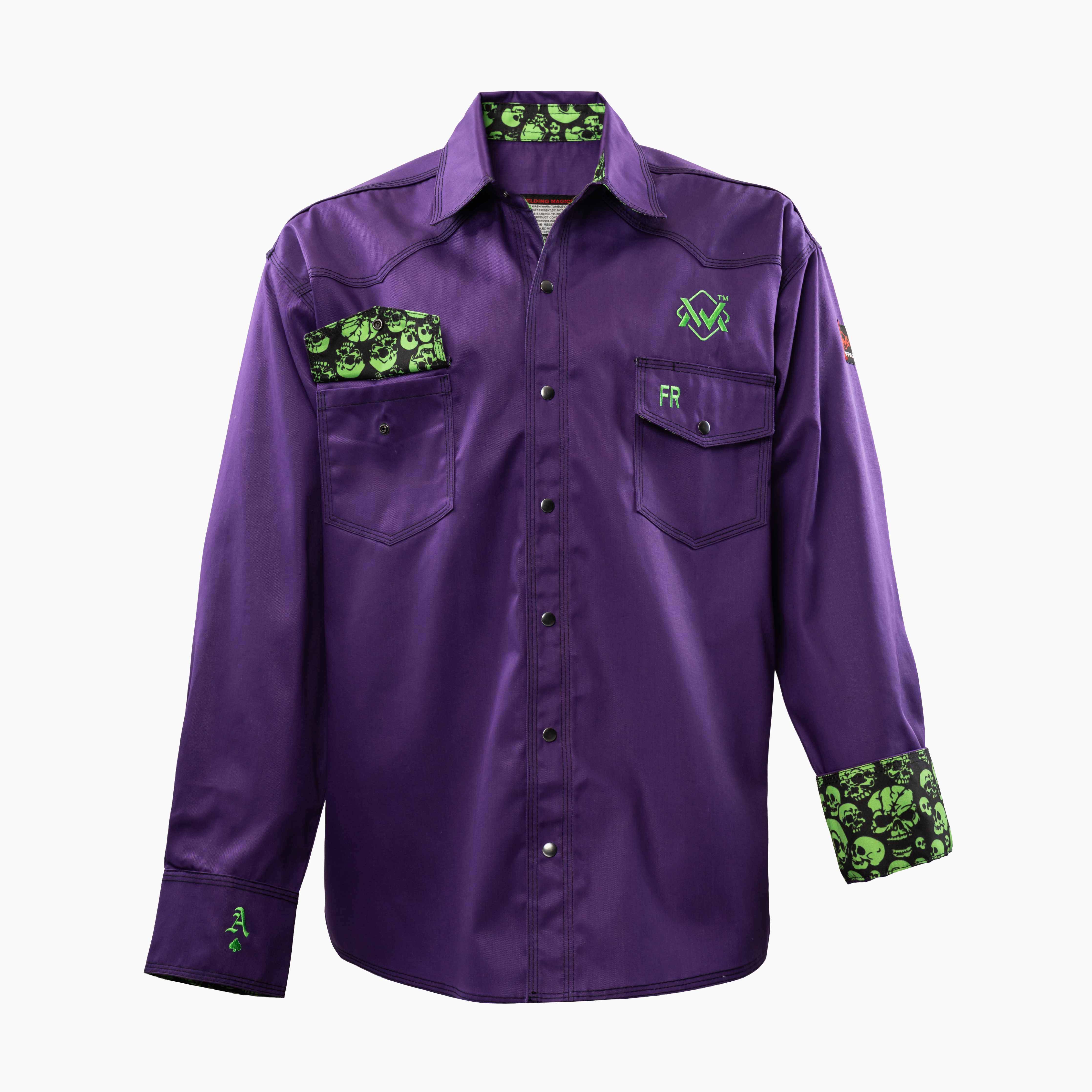 Flame-Resistant (FR) Welding Shirt front – Purple / Joker-Skull | The Welding Magician