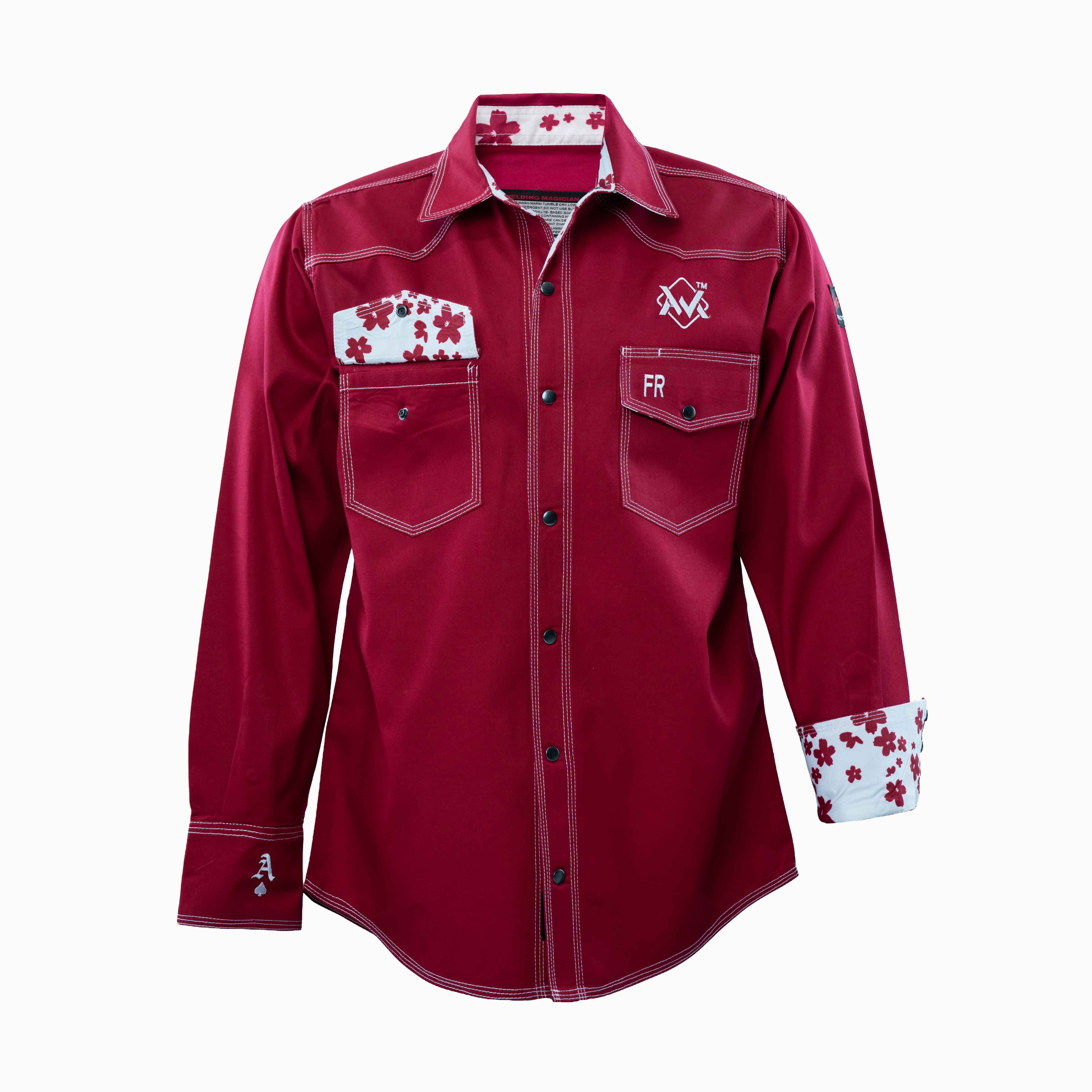 Flame-Resistant (FR) Welding Shirt front – Red / Floral | The Welding Magician