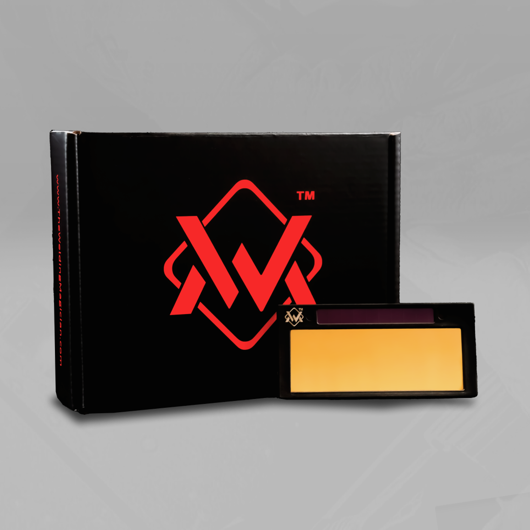 Black box with red logo and yellow label on a gray background