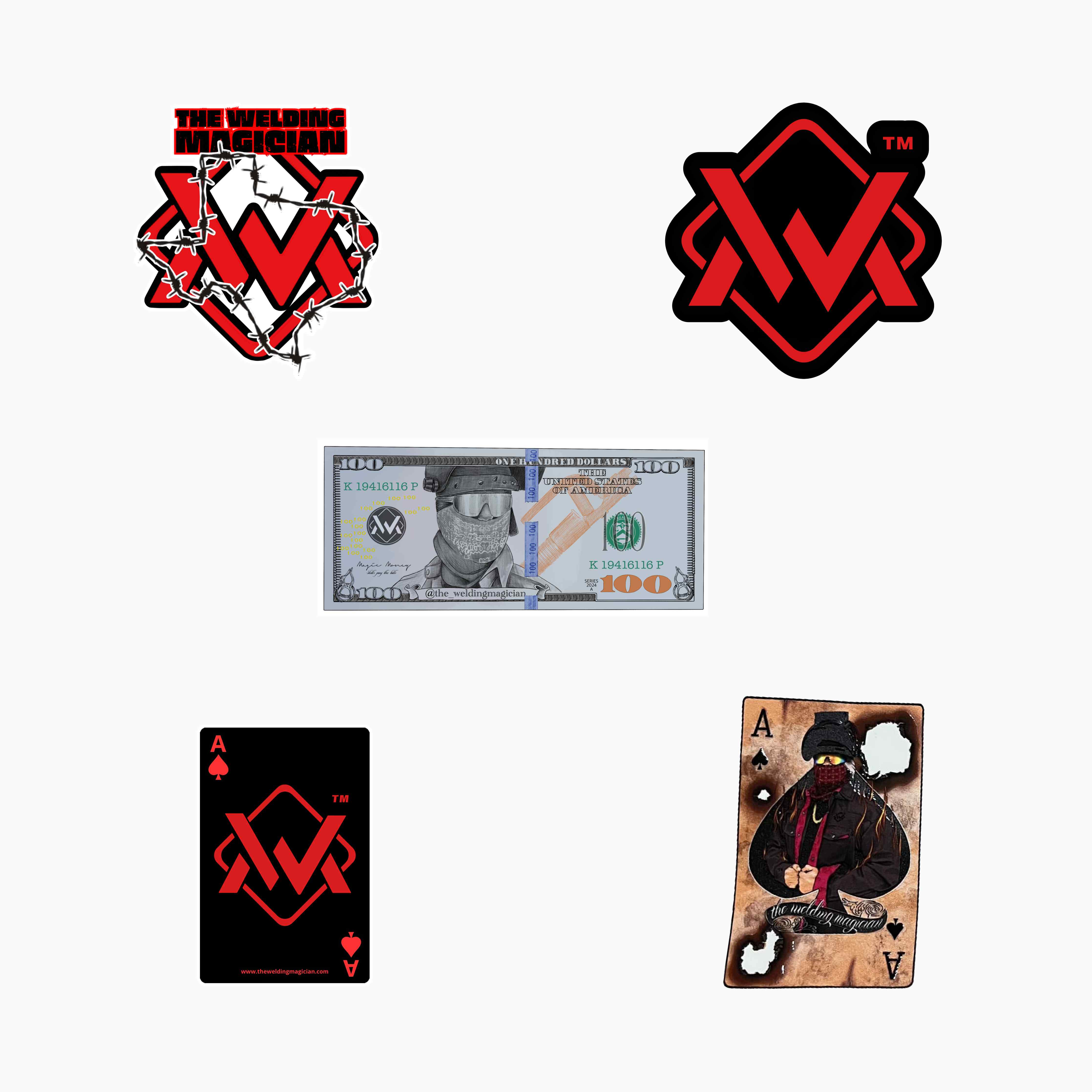 Collection of 'The Welding Magician' brand logos, money, and playing cards on a white background.