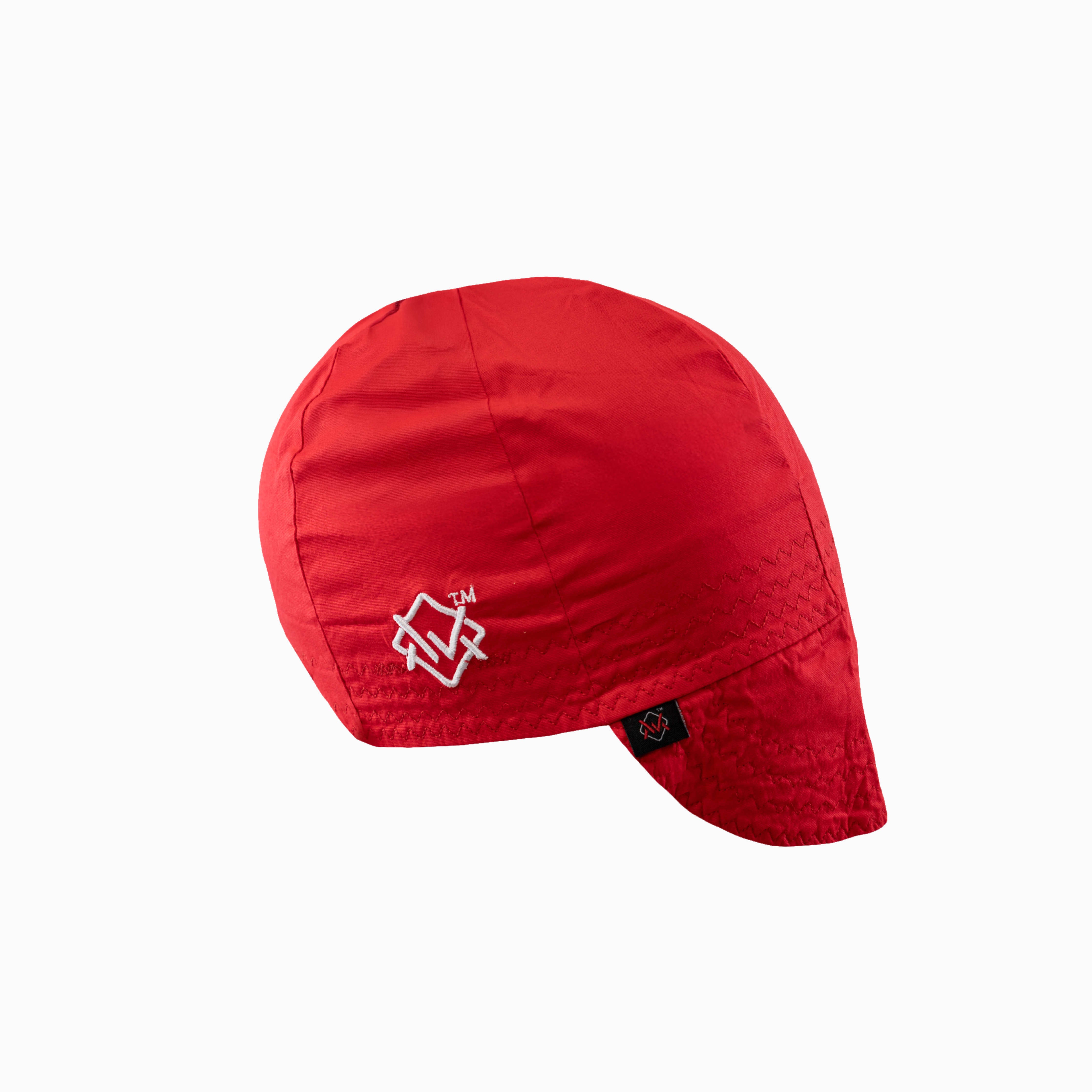 The Magician Grip Welding Cap in red with white embroidered logo, flame-resistant and breathable fit.