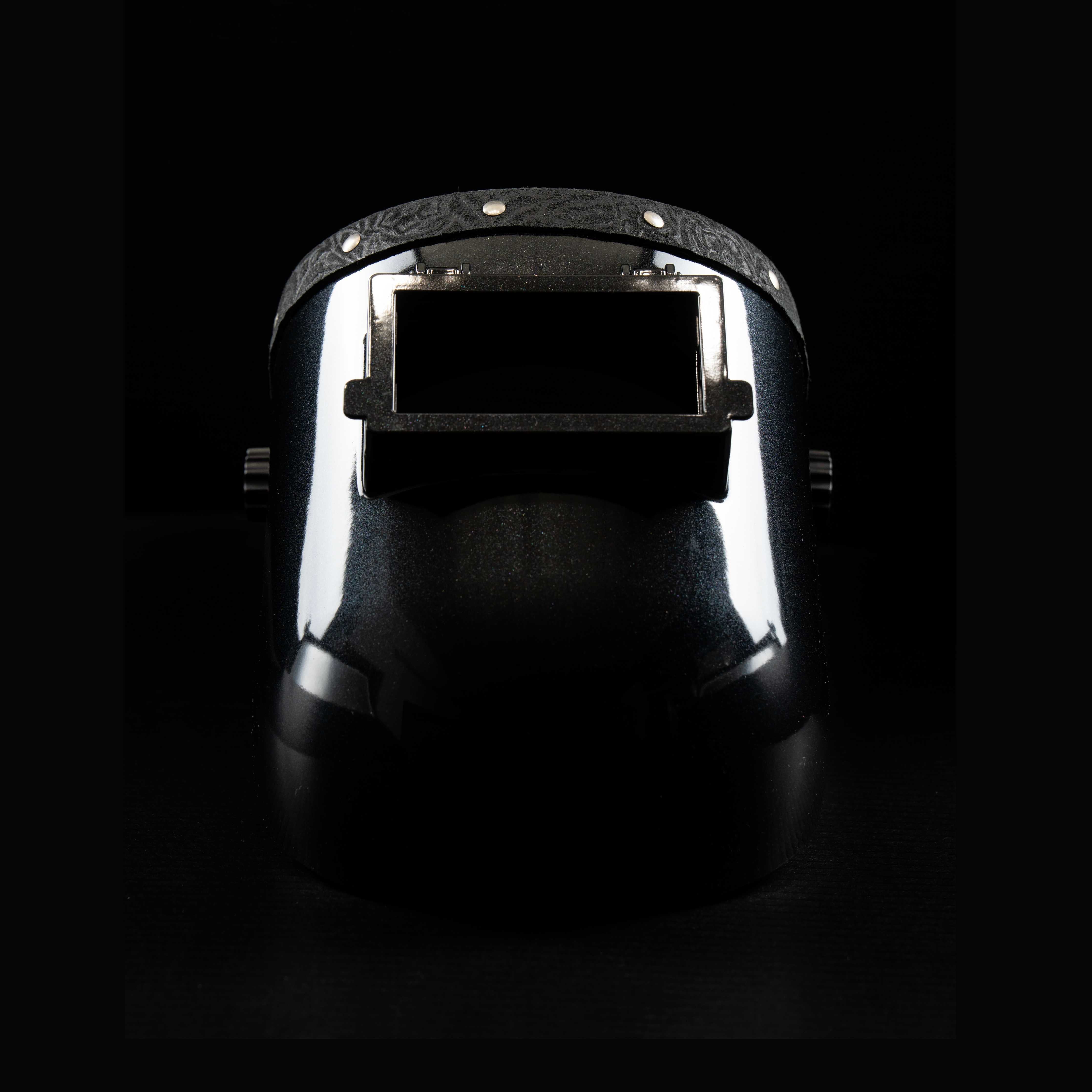 Front view of EliteWave Welding Hood with black floral leather edge and wide lens opening.