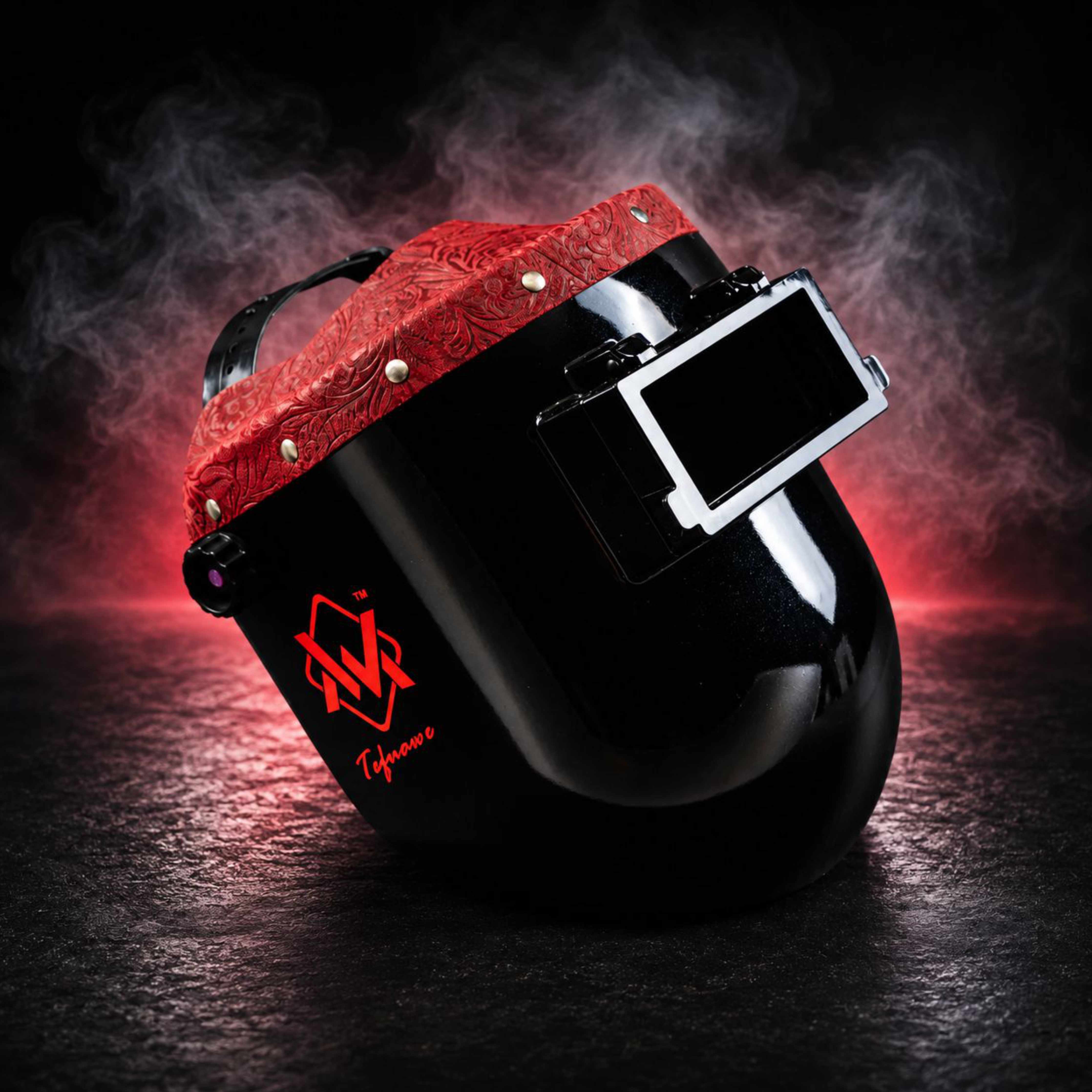 EliteWave Flip Lens Welding Hood with red floral leather trim, side view glossy black shell and flip lens.