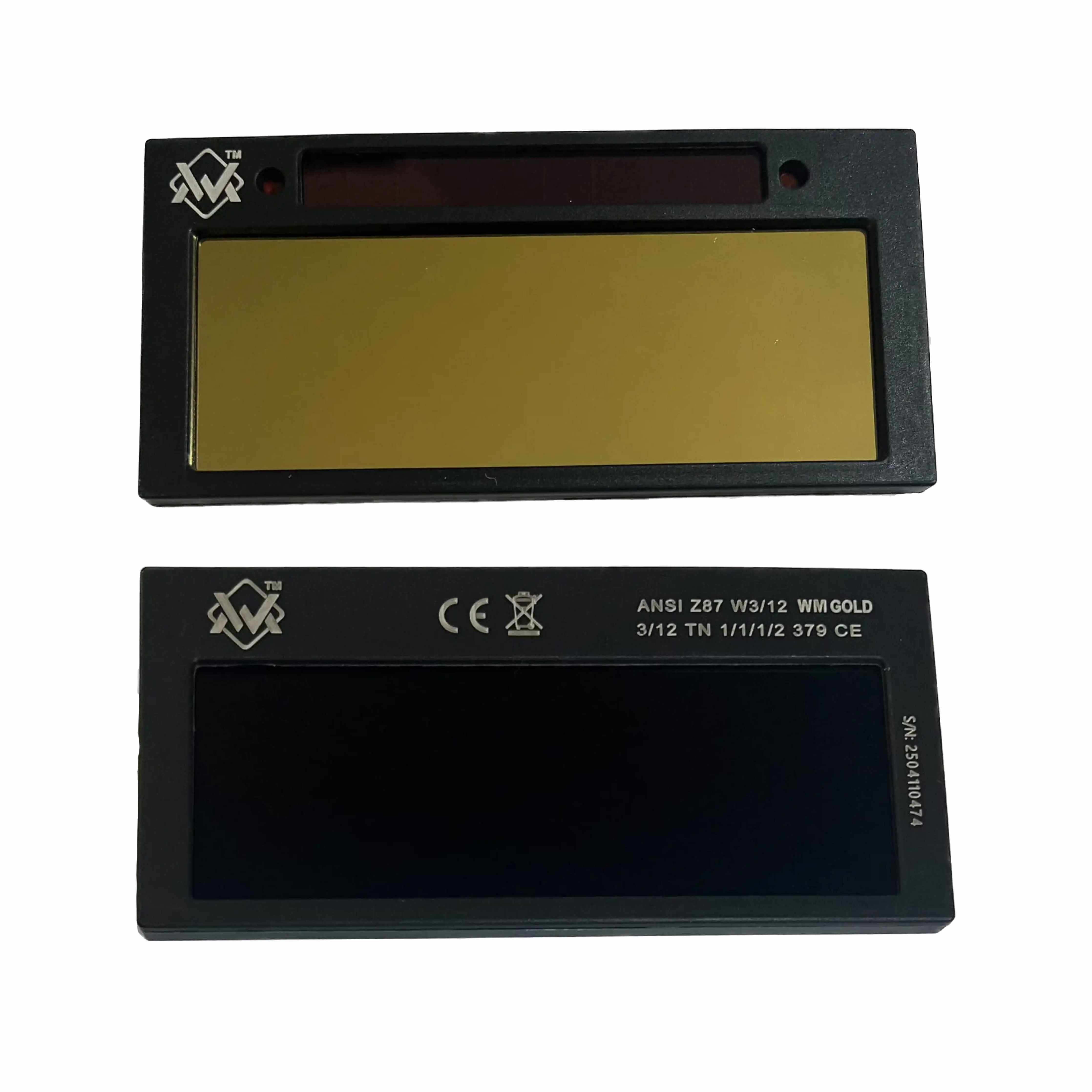 Front and back view of WM GOLD Auto-Darkening Welding Lens showing gold tint and certification marks.