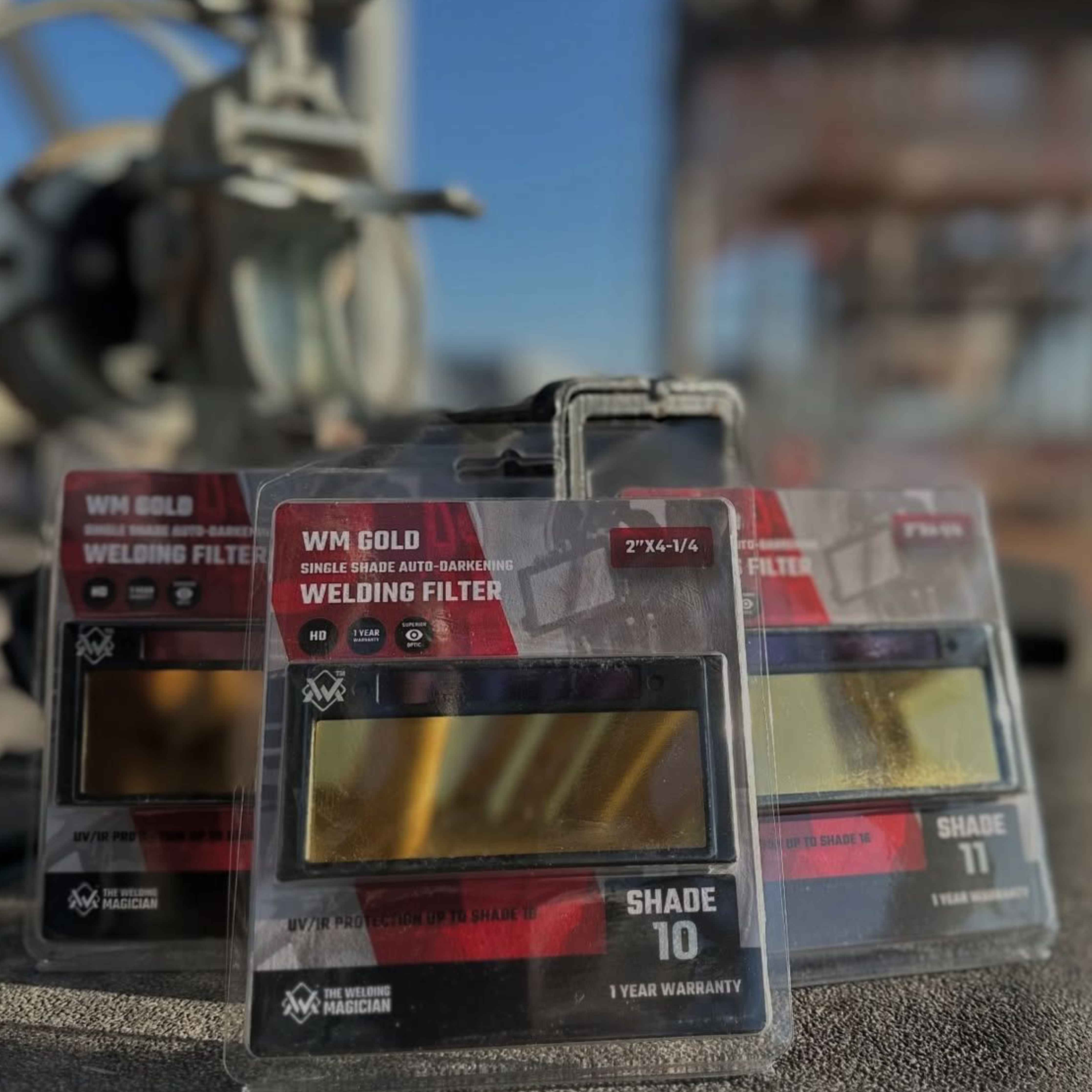 WM GOLD Welding Lens in retail packaging, shade 10 and 11 options, auto-darkening gold filter for welders.