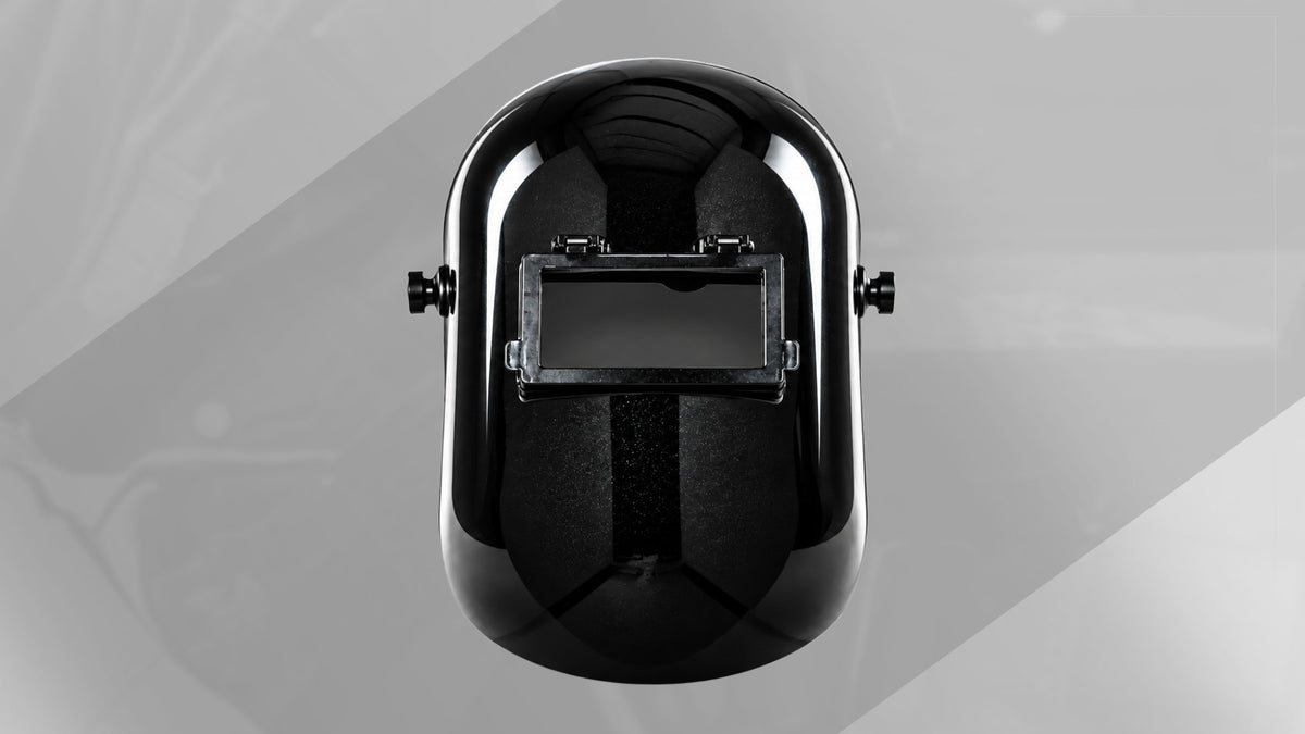BlazeShield Flip Lens Welding Hood in glossy black with rectangular flip-up lens and side mounting pins, front view.