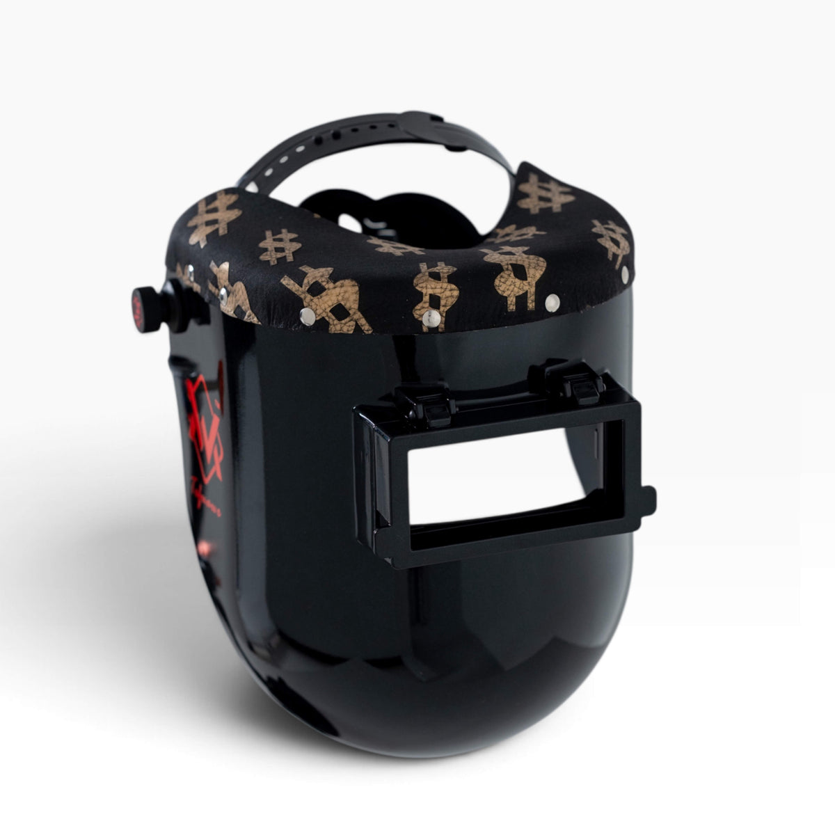 EliteWave Flip Lens Welding Hood in Luxe Money leather, angled front view with flip-up lens and black shell