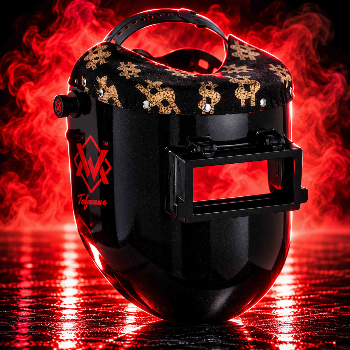 EliteWave Luxe Money Flip Lens Welding Hood, three-quarter view with gold dollar-sign patterned trim, black shell and red smoke background.