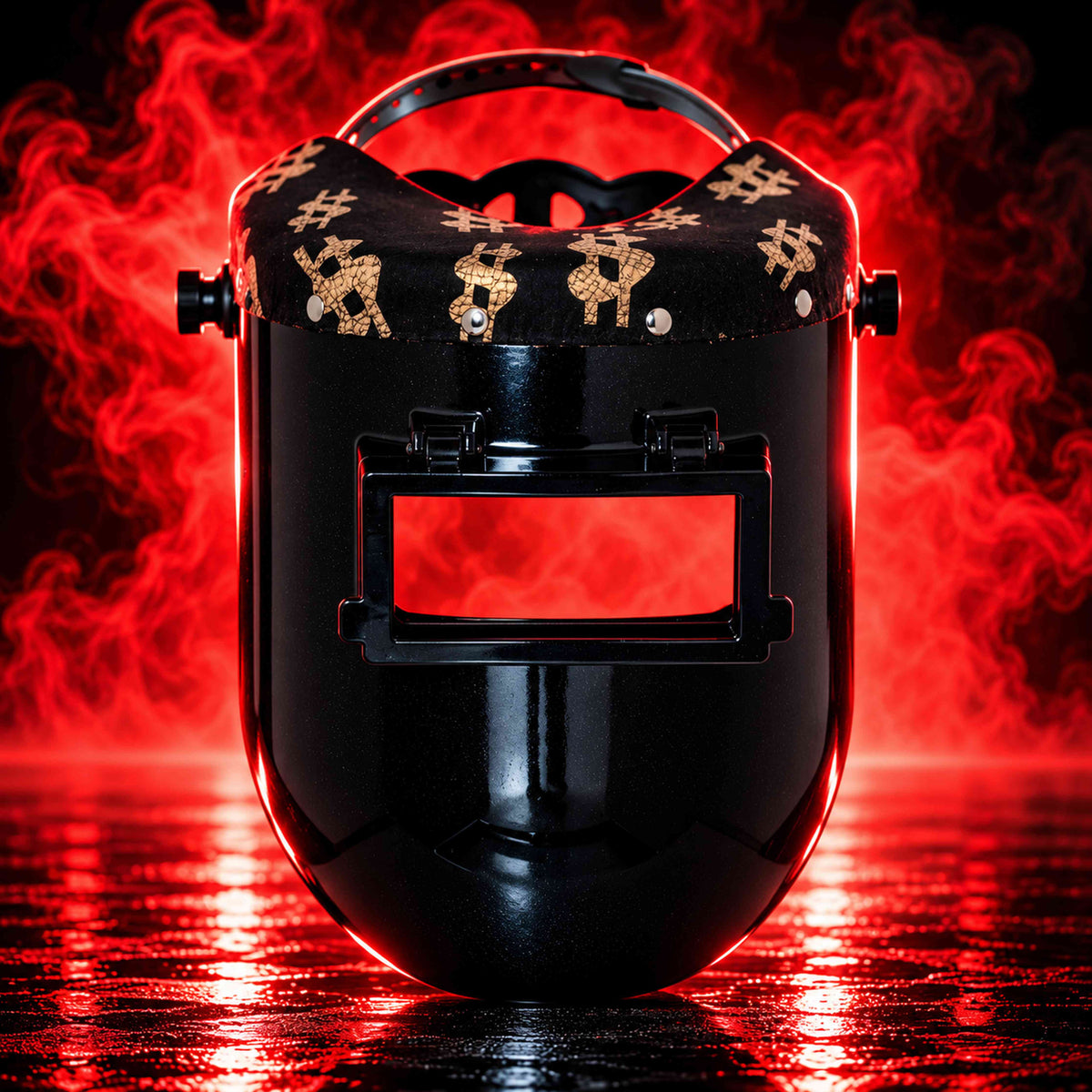 Front view of EliteWave Luxe Money Welding Hood showing gold money-symbol trim and open flip lens frame against dramatic red smoke.