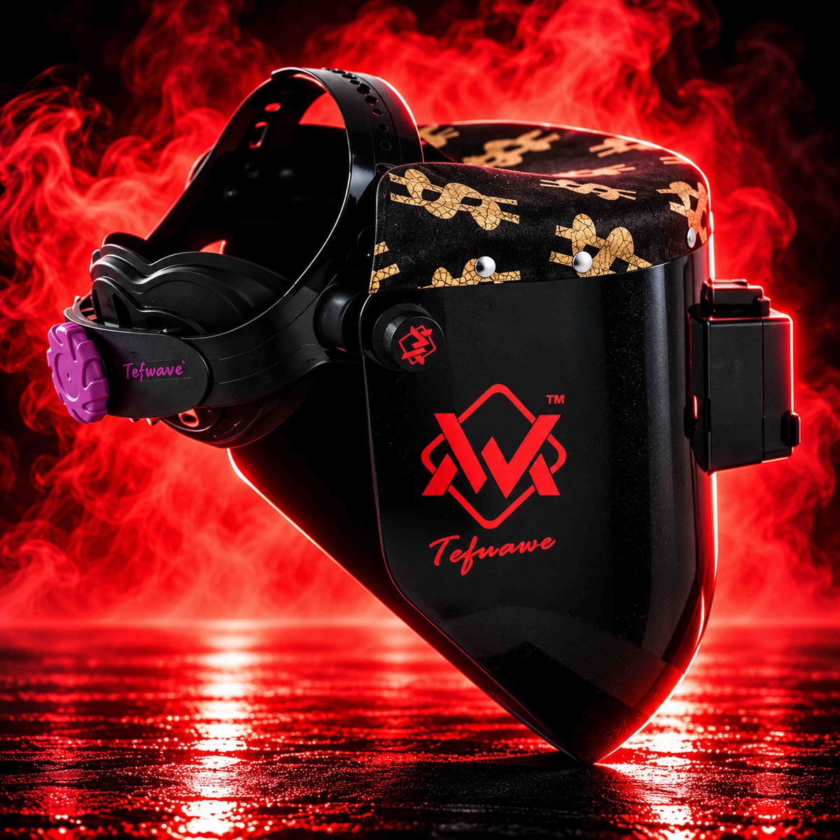 Side view of EliteWave Luxe Money Flip Lens Welding Hood with gold dollar-sign detailing, red side logo and adjustable headgear.