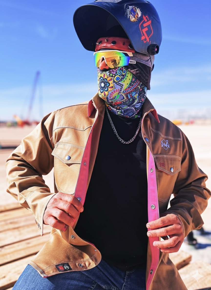 Person wearing a colorful bandana, helmet, and jacket holding a pink skateboard.