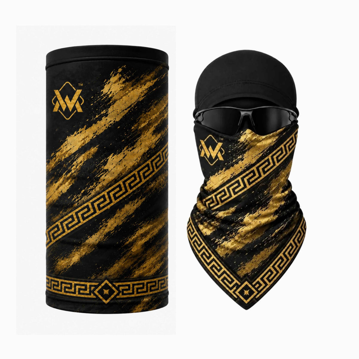 Magician Signature Neck Gaiter in Gold Aztec with gold brushstroke graphics and geometric border, worn over the face and neck.