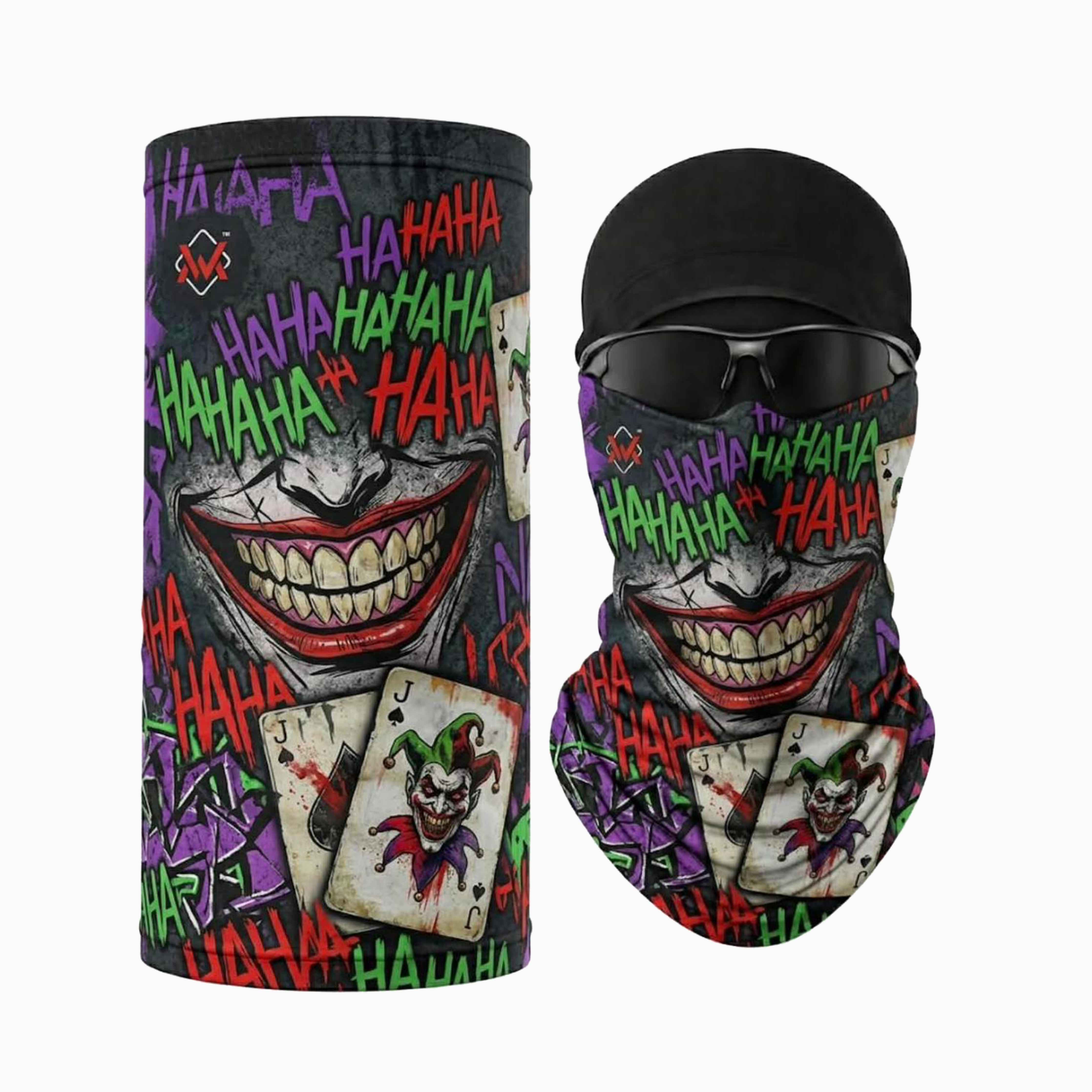 Magician Signature neck gaiter in Joker with multicolor HAHA lettering, a sinister joker grin, and playing-card artwork, shown flat and worn as a face cover.